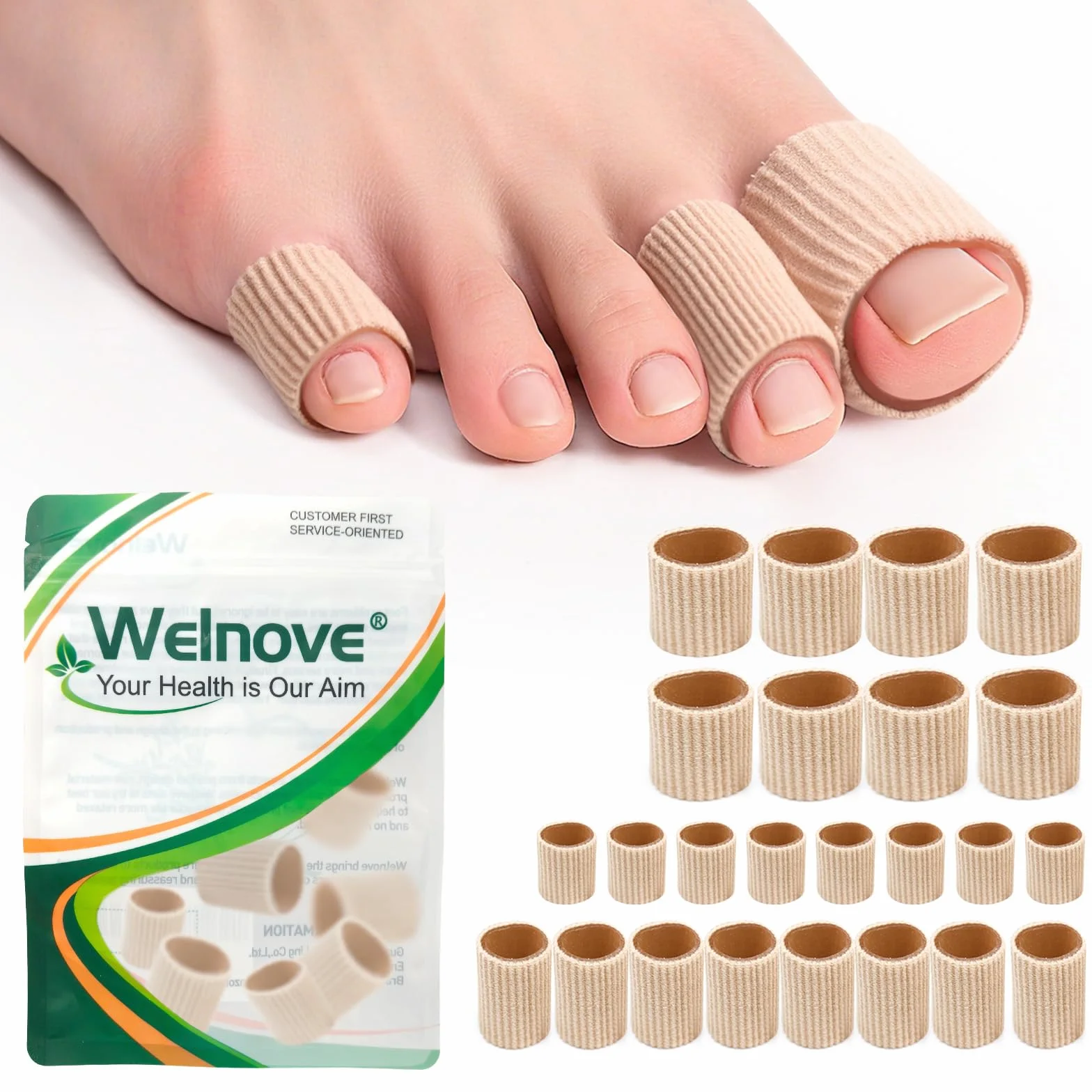 Welnove Toe Cushion Tube Sleeves, 24 pezzi, protezioni per dita dei piedi, beige