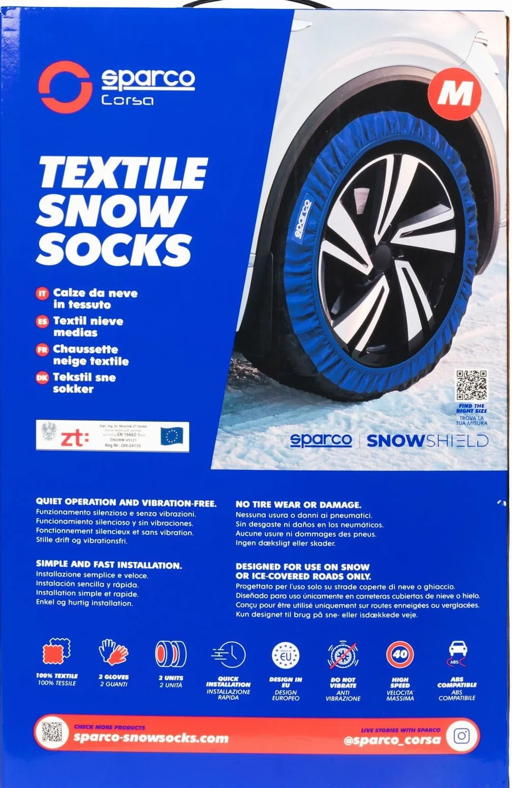Sparco Set Di 2 Calze Da Neve In Tessuto Nero - Taglia M - Facili Da Montare, Silenziose, Massima Aderenza Su Strada