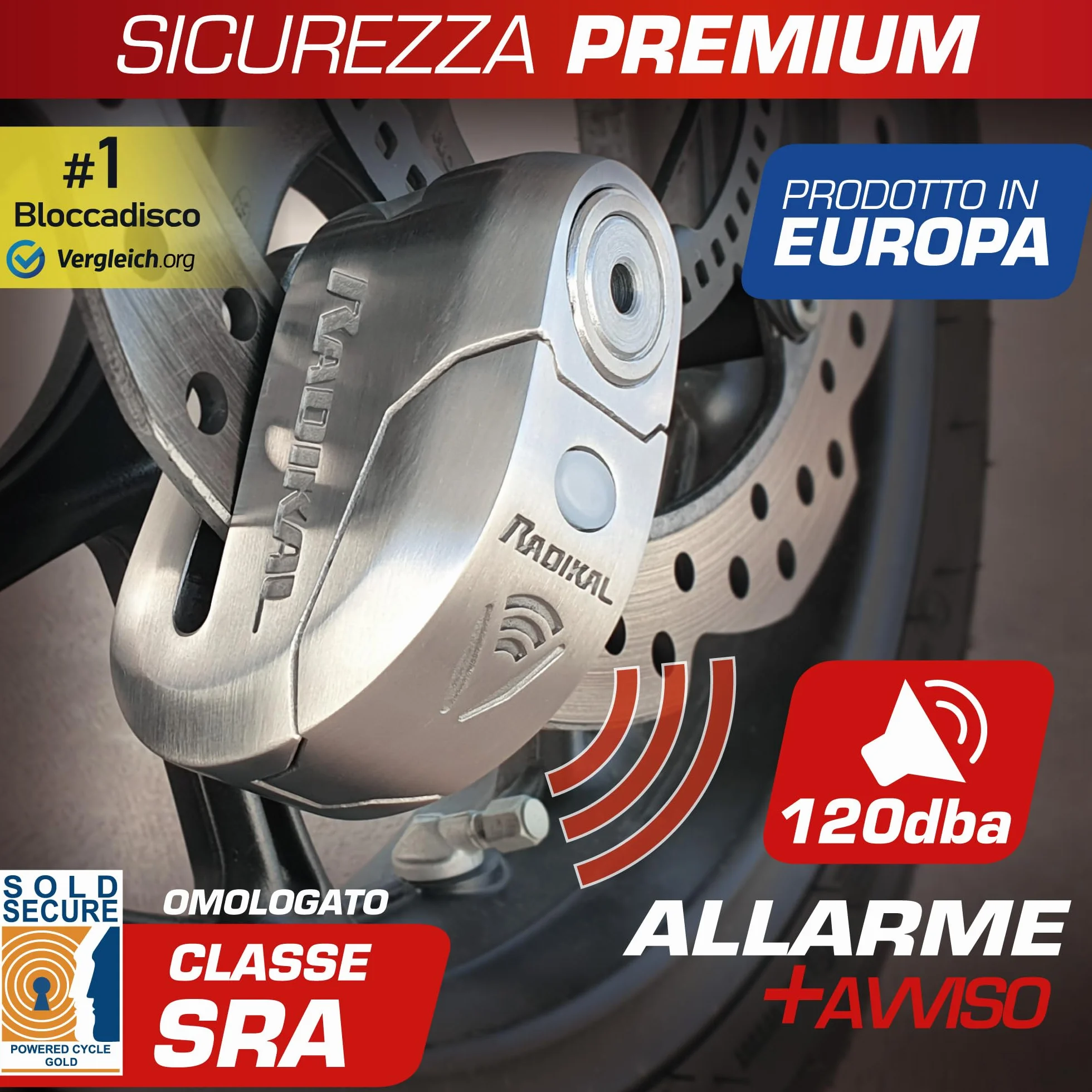 RADIKAL RK14S Antifurto Moto Blocca Disco Premium con Allarme | Attivazione a scelta, 120dB, Avviso LED, Warning Preallarme | Lucchetto Omologato SRA, Acciaio Inossidabile Doppio Bloccaggio ø14, Inox