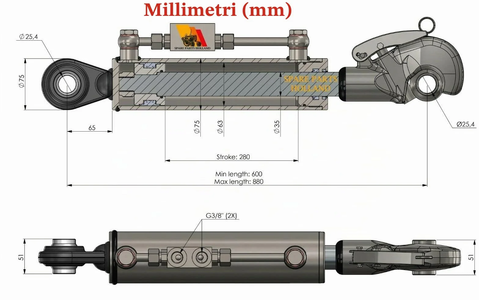 Terzo punto idraulico per trattore CAT2 280 mm Corsa Bloccaggio completo tubi nippli