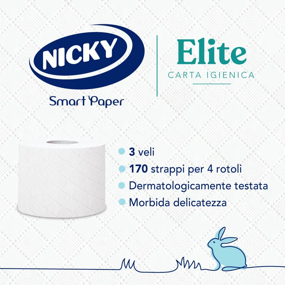 Nicky Elite Carta Igienica 4 Rotoli 170 Fogli 3 Veli Morbida Resistente Dermatologicamente Testata FSC