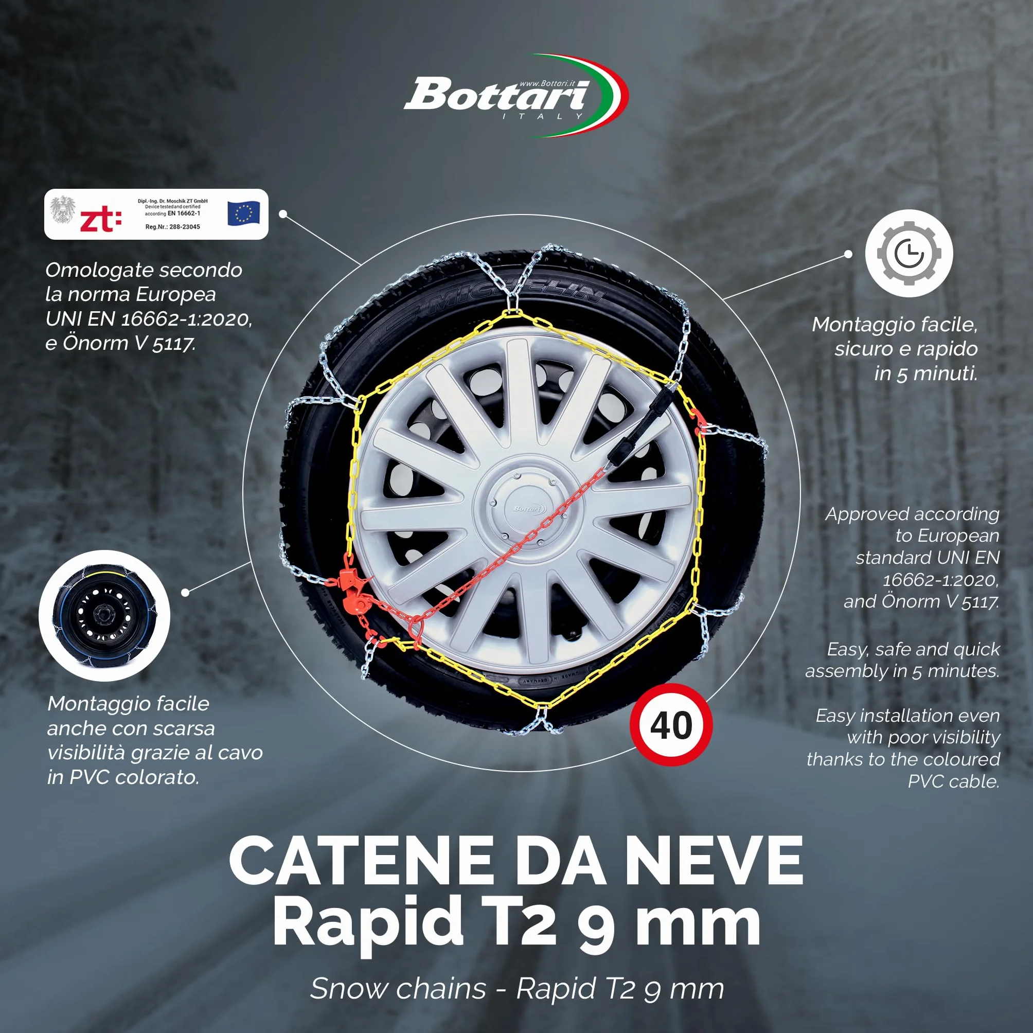 Bottari 18833 Rapid T2 Catene da neve 9 mm Misura 130 Compatibili ABS ESP