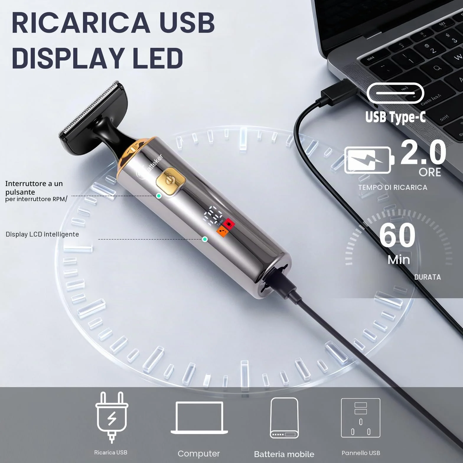 Hatteker Rasoio elettrico da uomo 4 in 1 impermeabile con braccio ausiliario allungabile