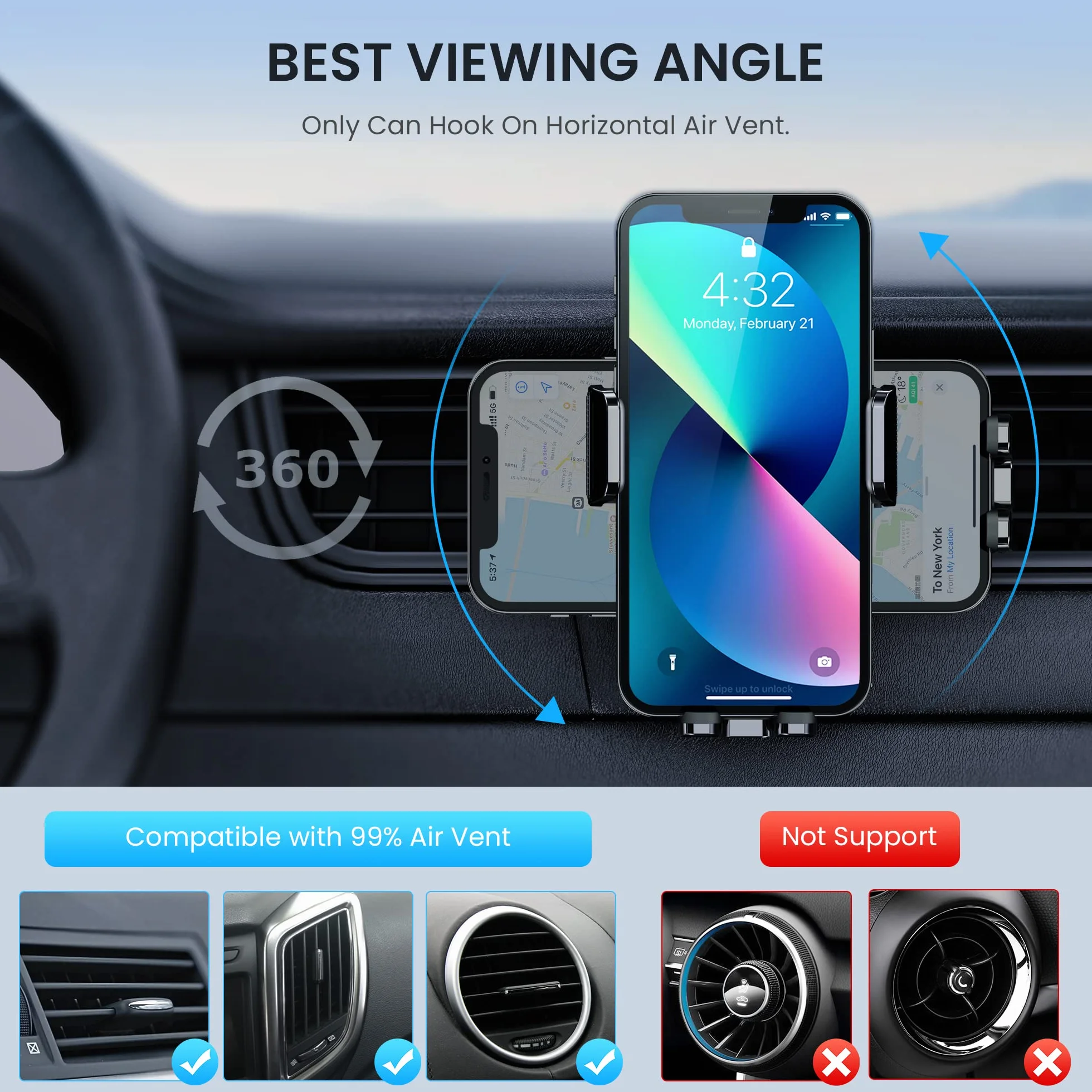 Porta Cellulare Auto [Clip Gancio Militare] 360 Gradi di Rotazione Supporto Telefono Auto Macchina Reggi Portacellulare per interni Universale Smartphone