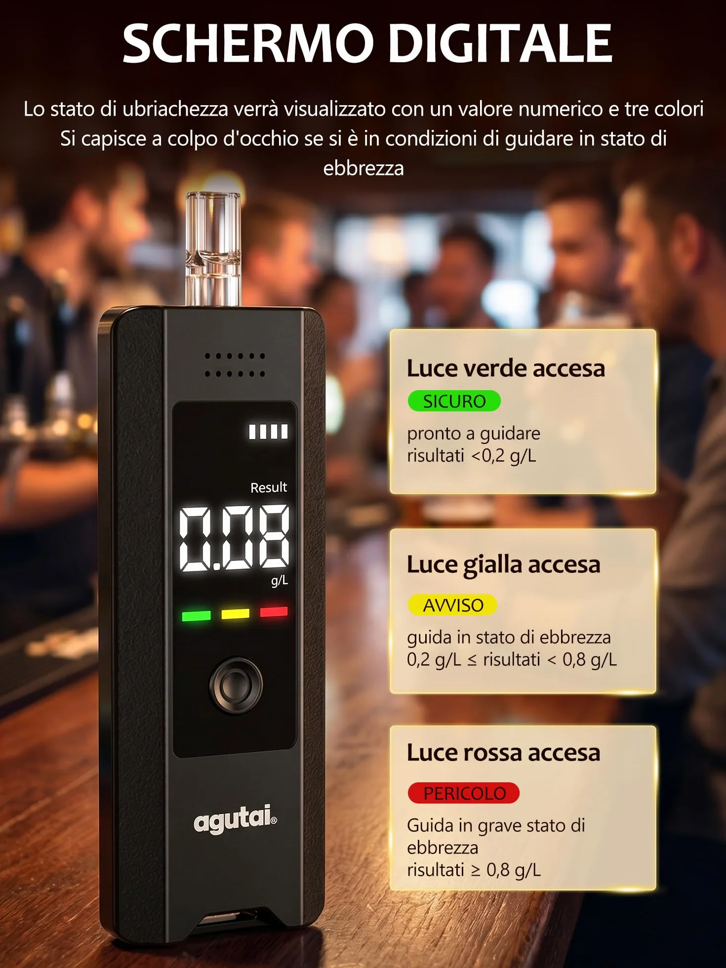 Etilometro Portatile Certificato Alcol Test Professionale con Display LCD USB C 10 Bocchini