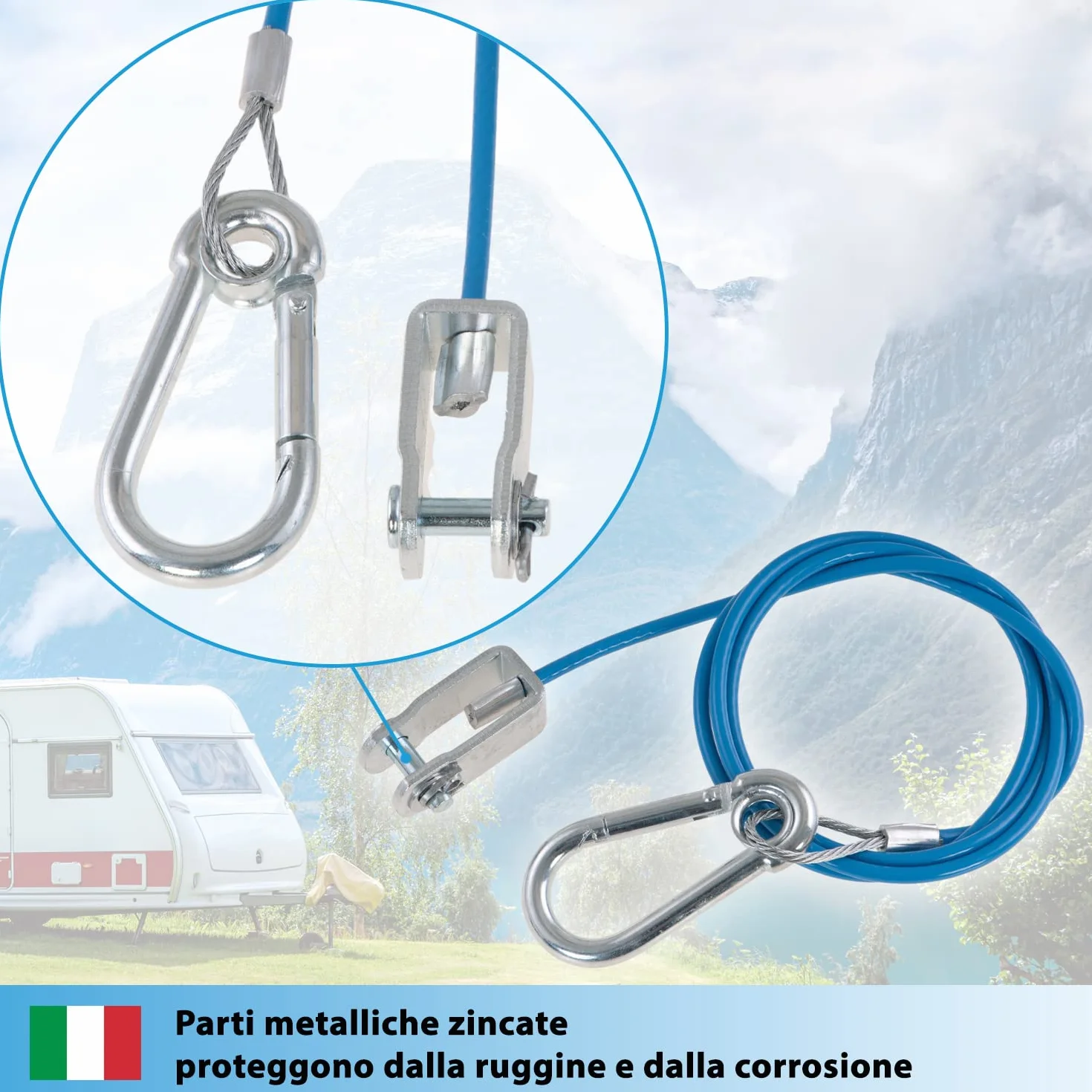 Cavo di sicurezza per rimorchi e caravan 1 m 250 kg blu con moschettone e testa a forcella