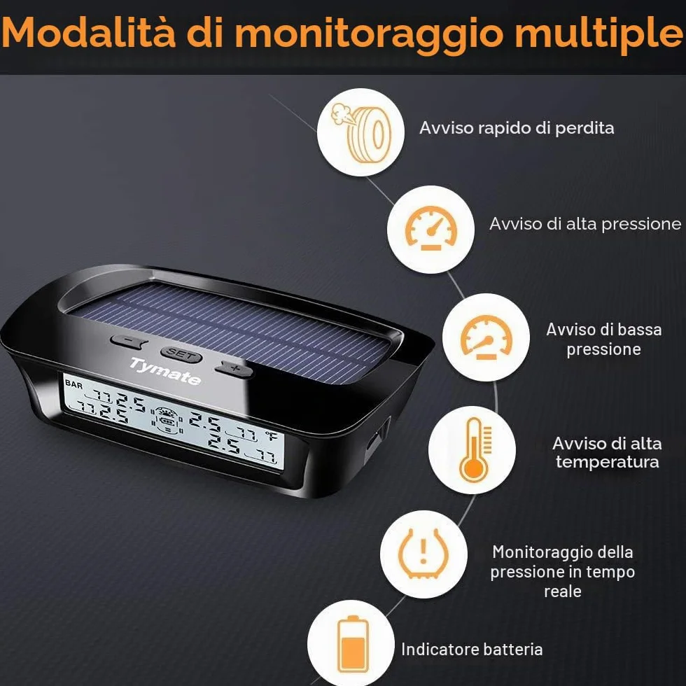Tymate Sistema di monitoraggio della pressione dei pneumatici per camper, sistema di monitoraggio della pressione dei pneumatici M12-3 (0-87 PSI) con carica solare, 5 modalità di allarme, modalità di