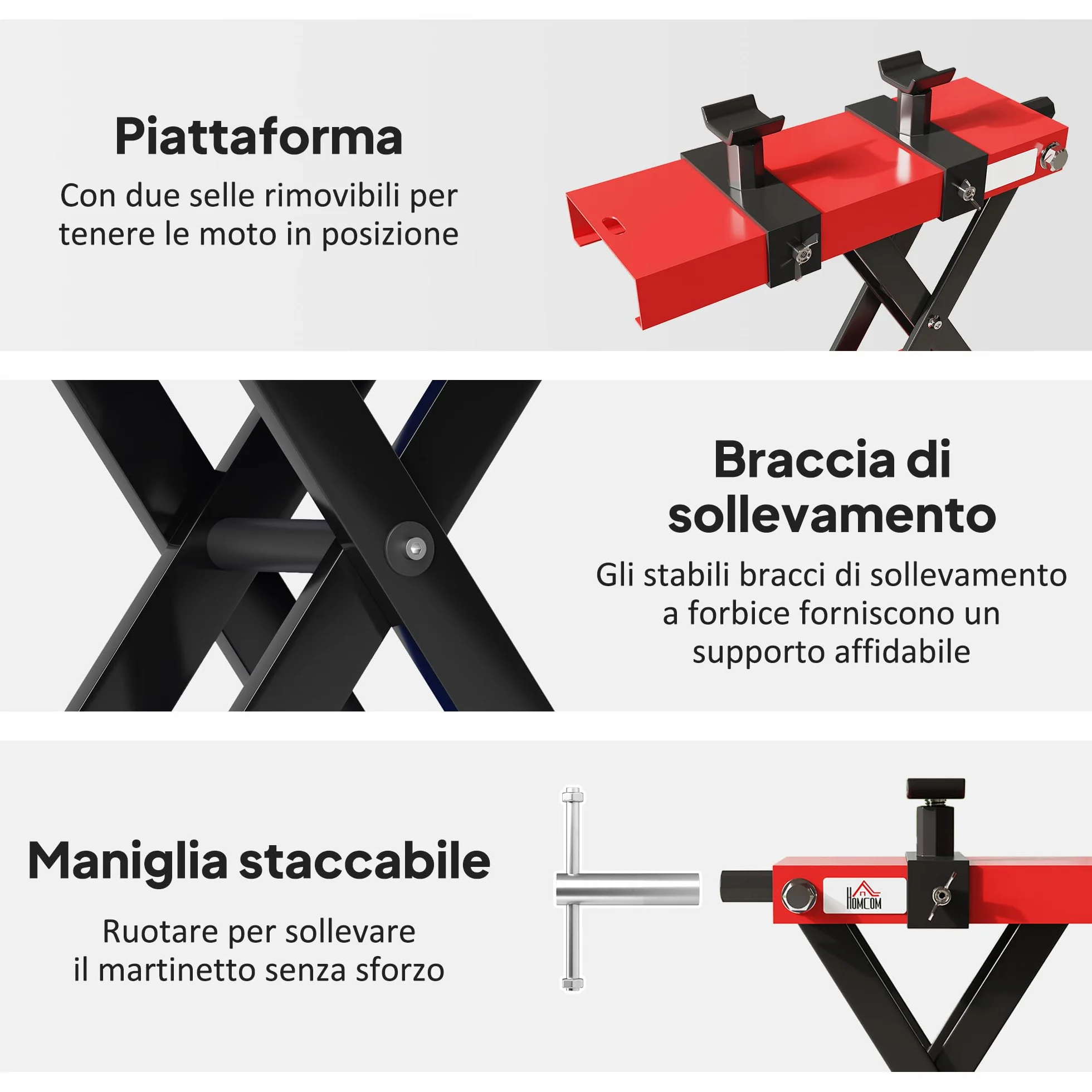 HOMCOM Sollevatore Moto in Acciaio Max 500kg, Cavalletto Alzamoto Pieghevole con Altezza Regolabile 9.5-40 cm e Manovella, Piattaforma da 45x15 cm, Rosso
