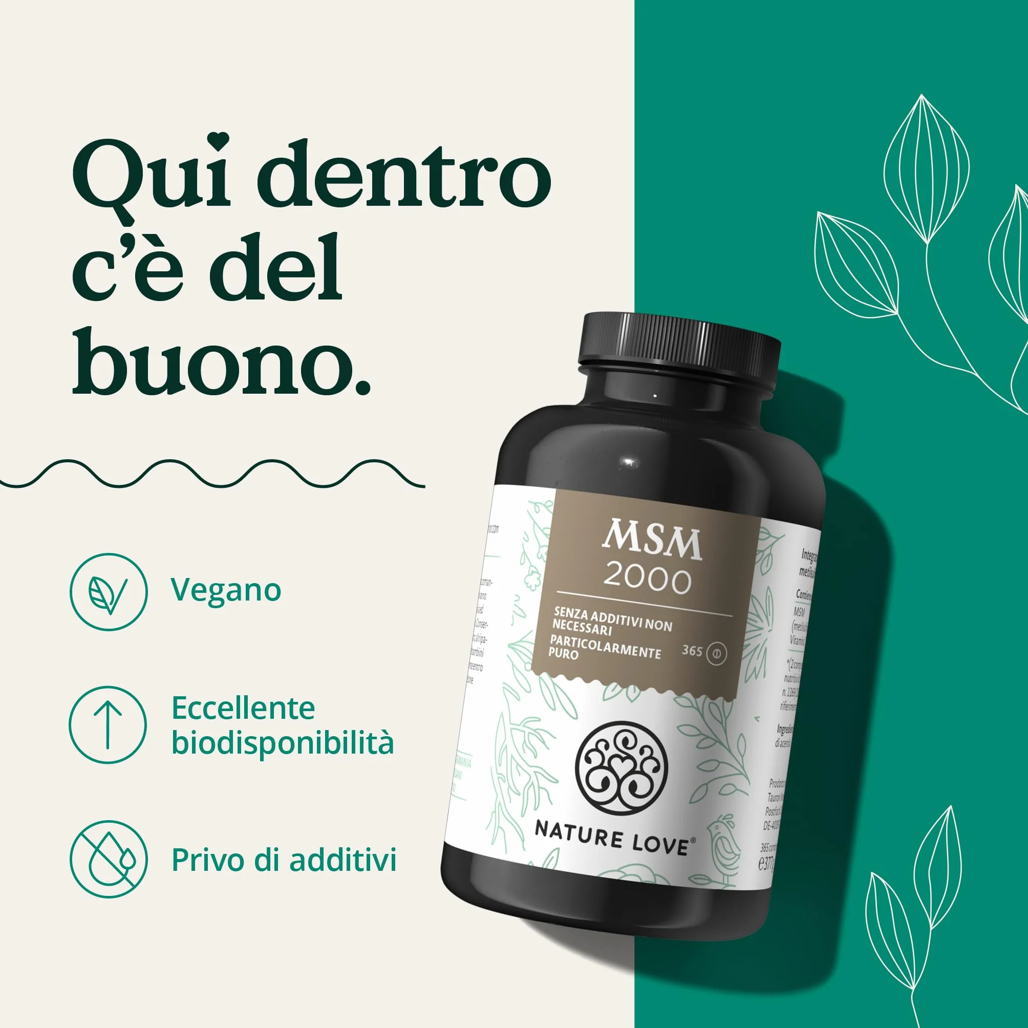 NATURE LOVE® MSM 2000 mg con vitamina C - 365 compresse - Integratore vegano ad alto dosaggio