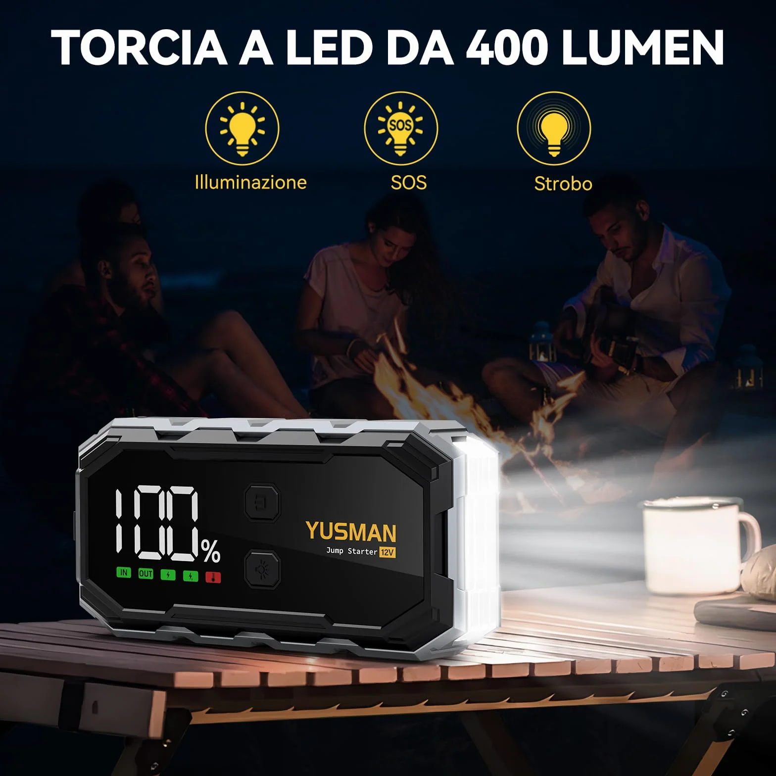 YUSMAN Avviatore Batteria Auto 9000A, 12V Booster Avviamento Portatile per Auto fino a 10.0L, Jump Starter con Cavi Intelligenti, Power Bank USB-C