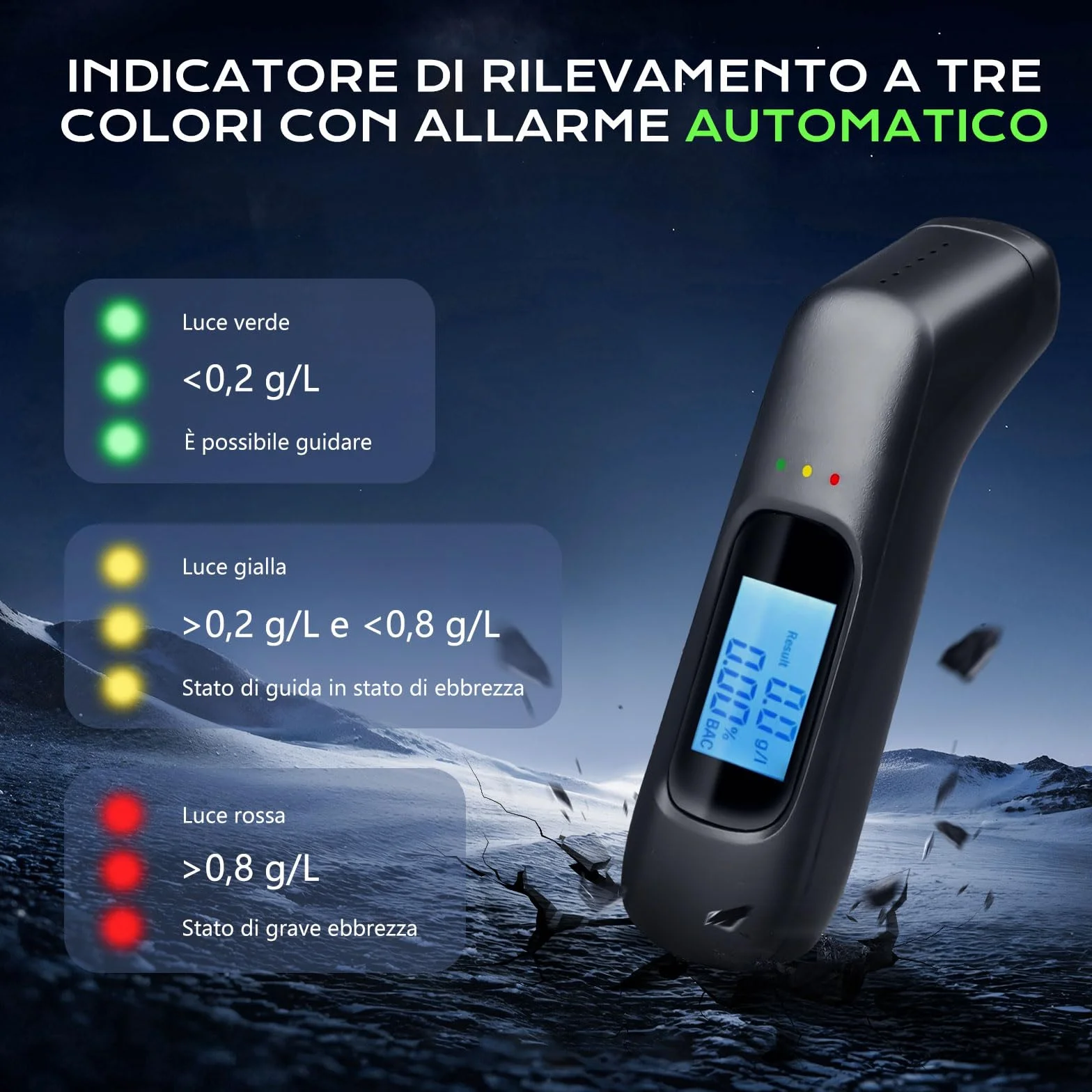 Etilometro Portatile Professionale con Display LCD & Allarme 3 Colori, Alcol Test Digitale 0.00–1.9 g/l