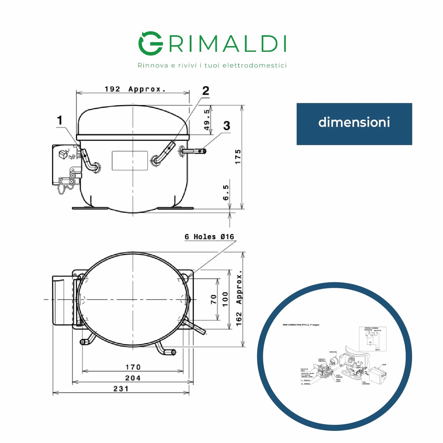 G GRIMALDI Compressore GLY45AAa 1/8 HP 109W R134a 220-240V 50Hz gas R1234yf LBP statico RSIR