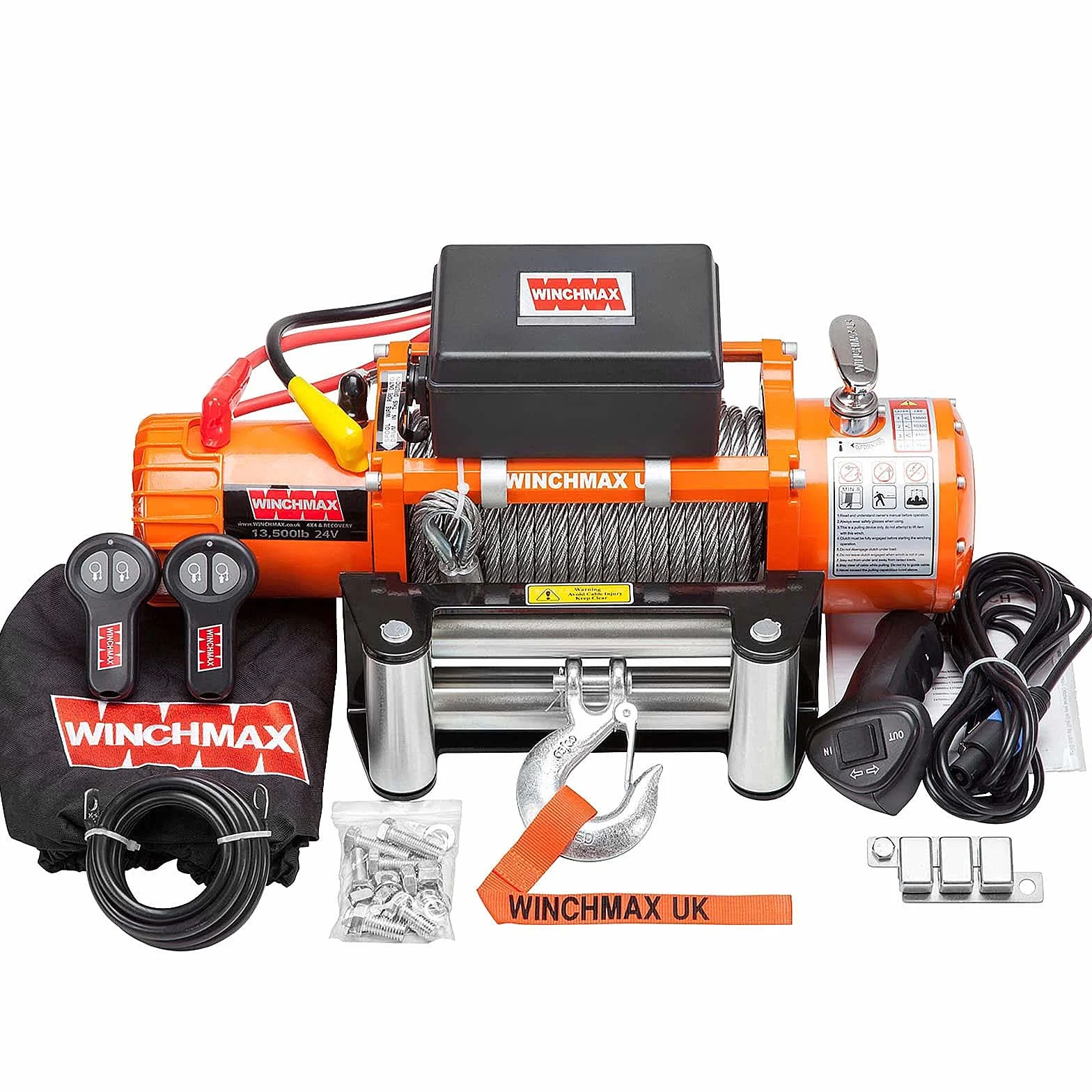 Winchmax 13500 lb 6123 kg Verricello Elettrico 24 V Arancione Fune Metallica 26 m x 9,5 mm Gancio a Forcella 3/8 Pollice 2 Ricevitori Telecomandi Senza Fili