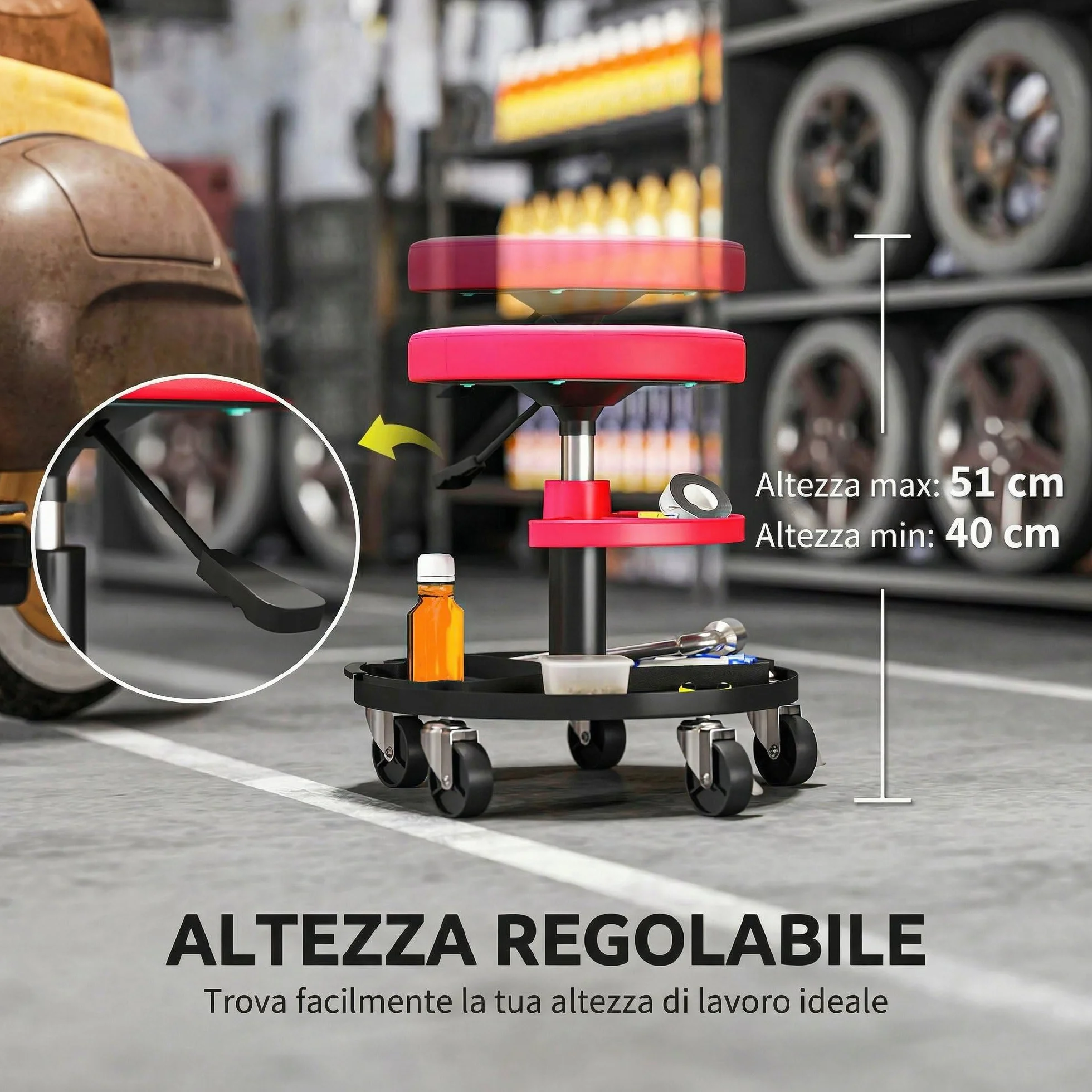 HOMCOM Sgabello da Officina con Ruote, Altezza Regolabile 40-51 cm, Sedile Imbottito, Capacità 135 kg, Rosso