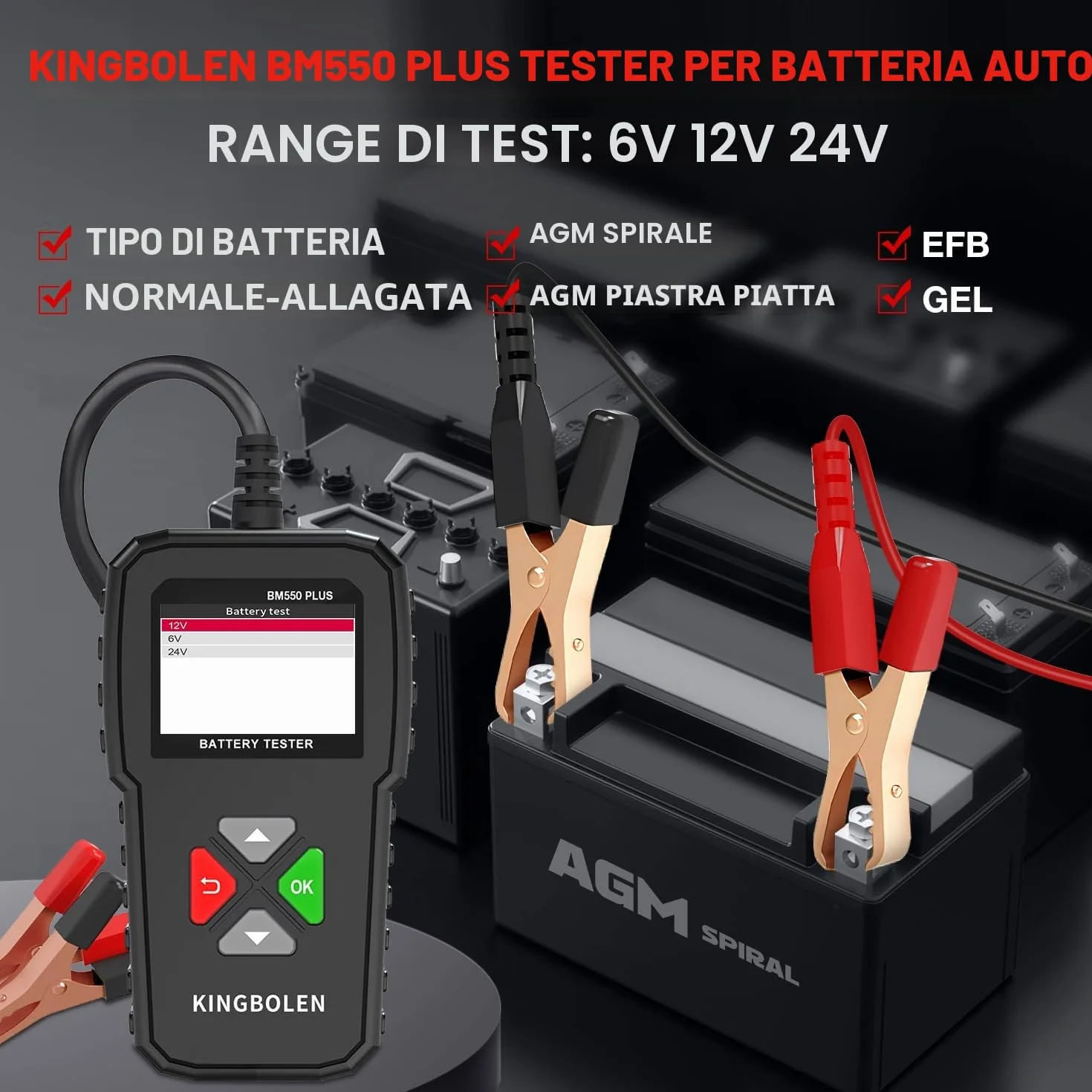 KINGBOLEN BM550 PLUS Tester Batteria 6V 12V 24V Con Display LED, 100-2000CCA 2-220Ah Analizzatore Digitale per Auto, Camion, Marina, Moto