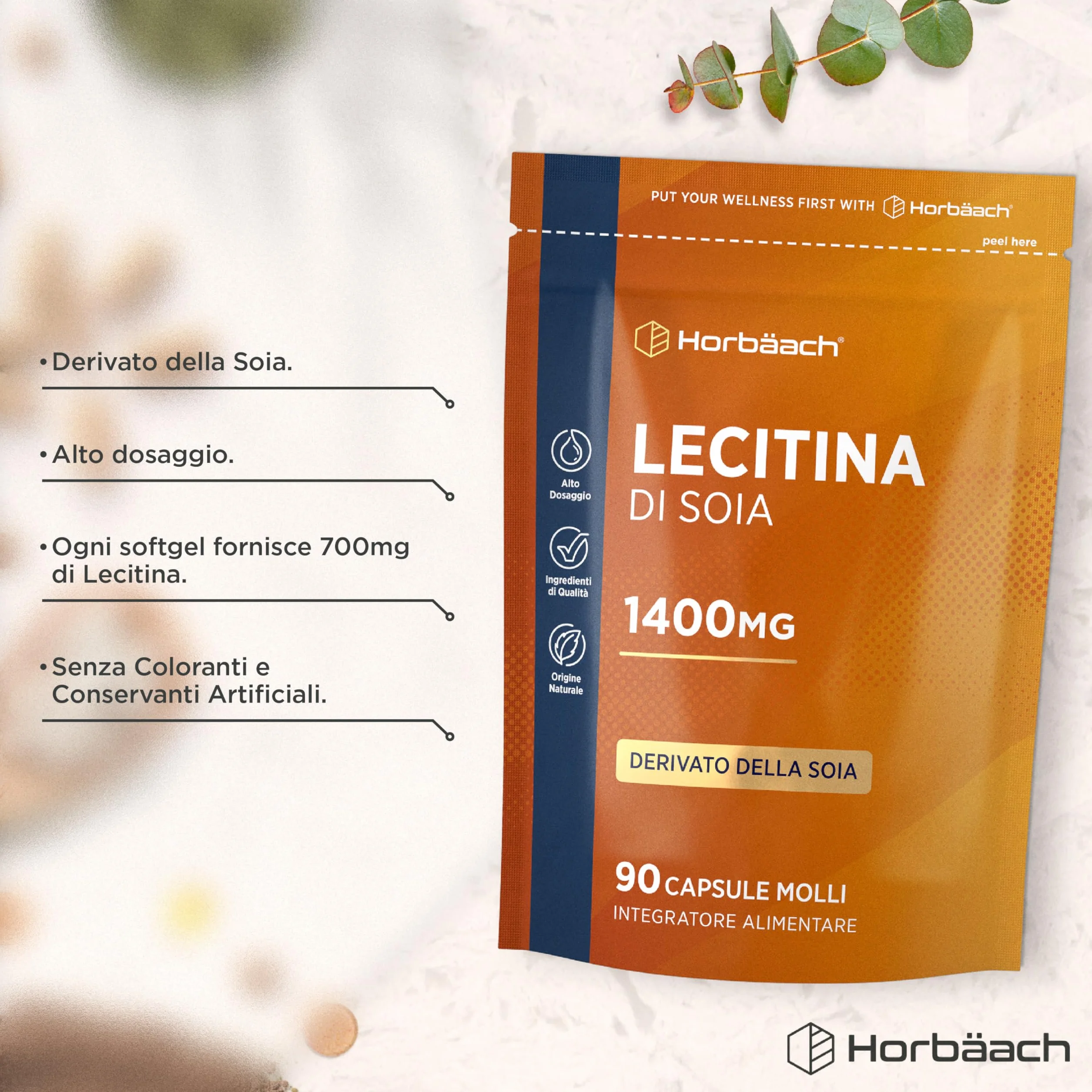 Lecitina di Soia Capsule 1400 mg 90 Capsule Molli Integratore Alimentare Horbaach