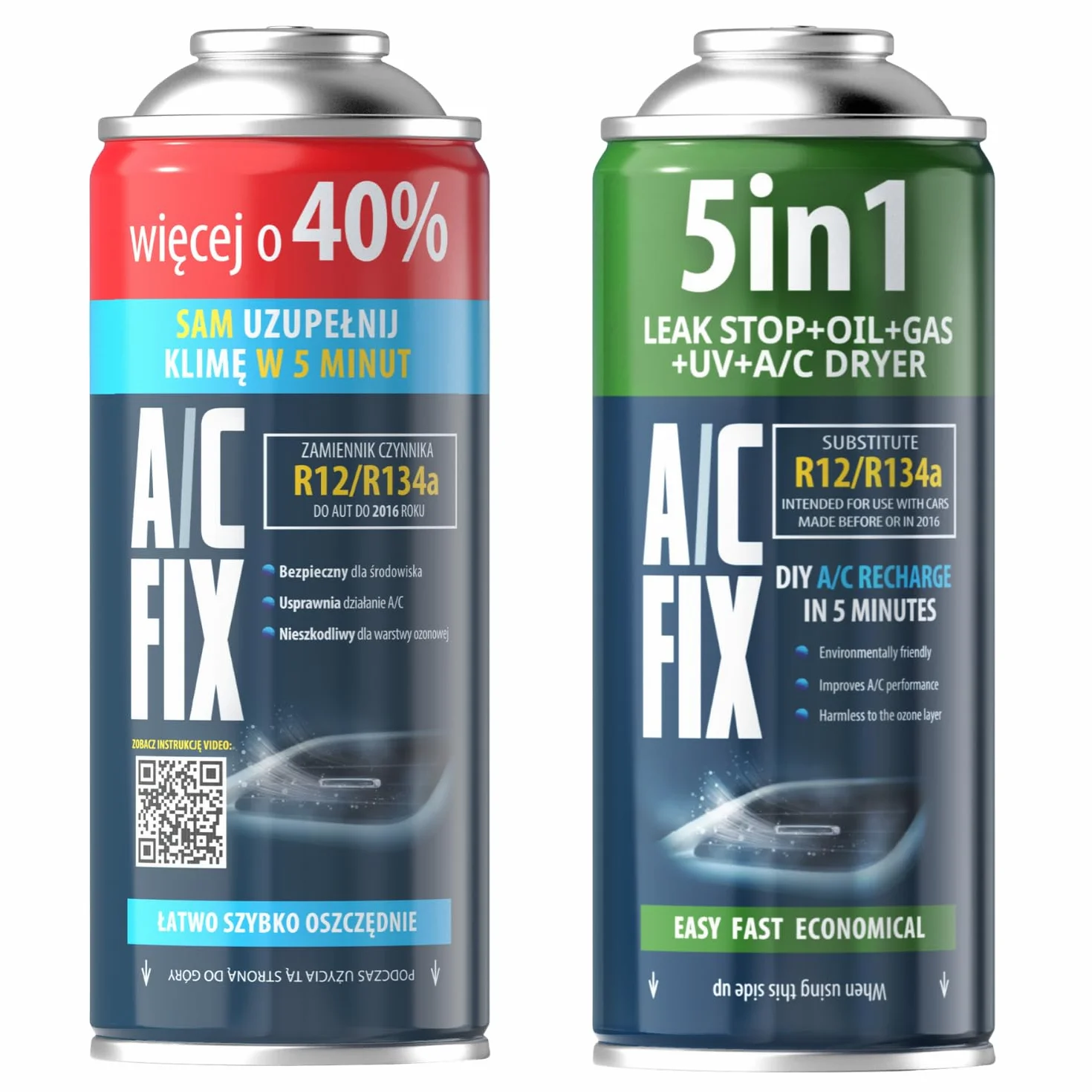 AC FIX 5-in-1 – R134a + R134a XL 470 g Refrigerante per climatizzatori auto con olio, sigillante, colorante UV, essiccante – Protegge il compressore