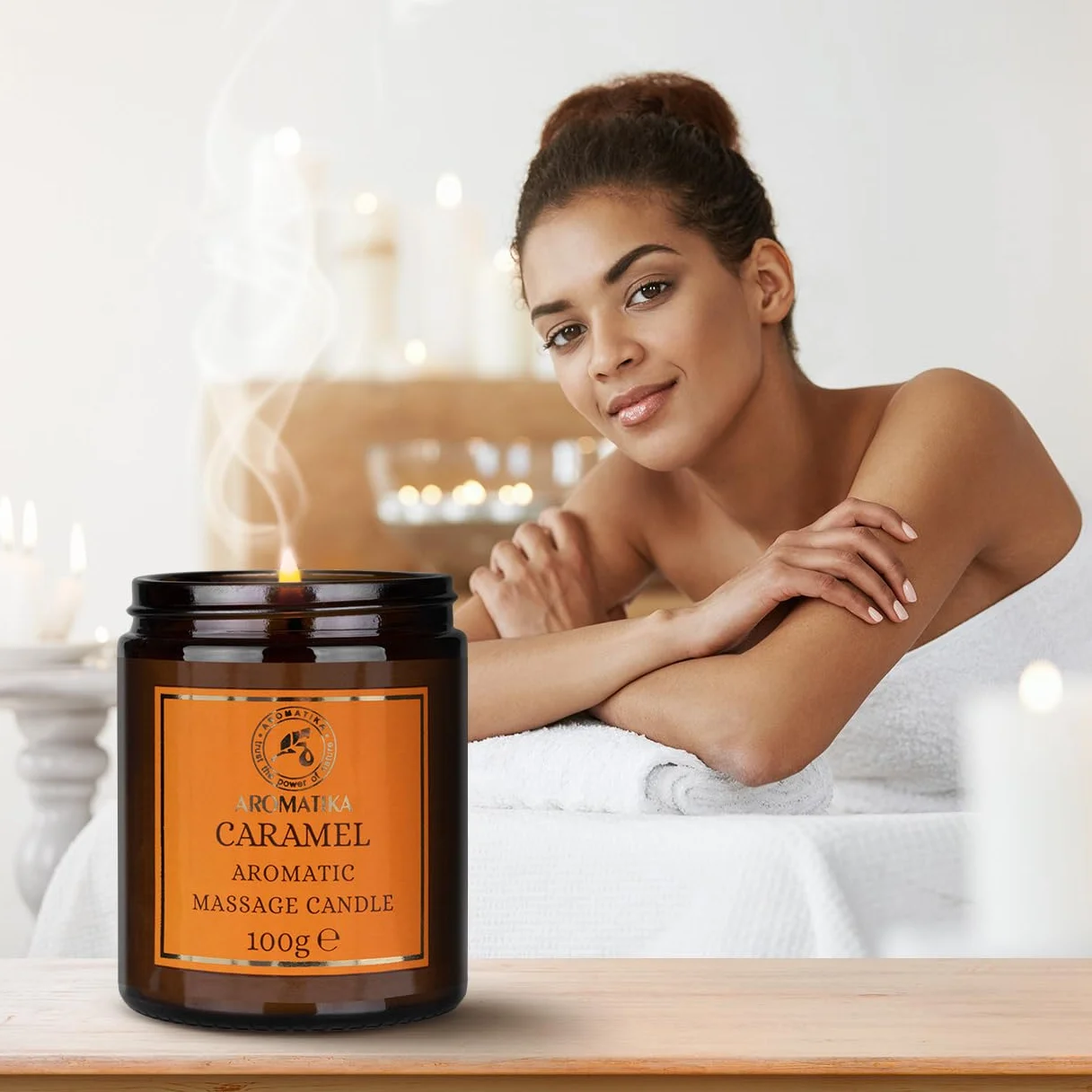 Candela da Massaggio Caramello 100g Cera di Soia Oli Cocco Mandorle Vaniglia Aromaterapia