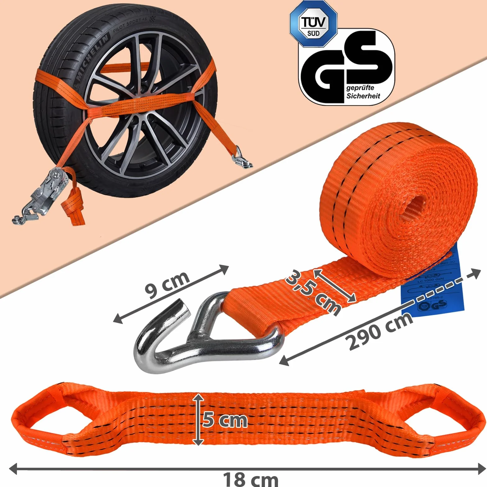 Cinghie di tensione per trasporto auto 2,9 m 50mm DIN EN 12195-2 2000 daN Set di 4