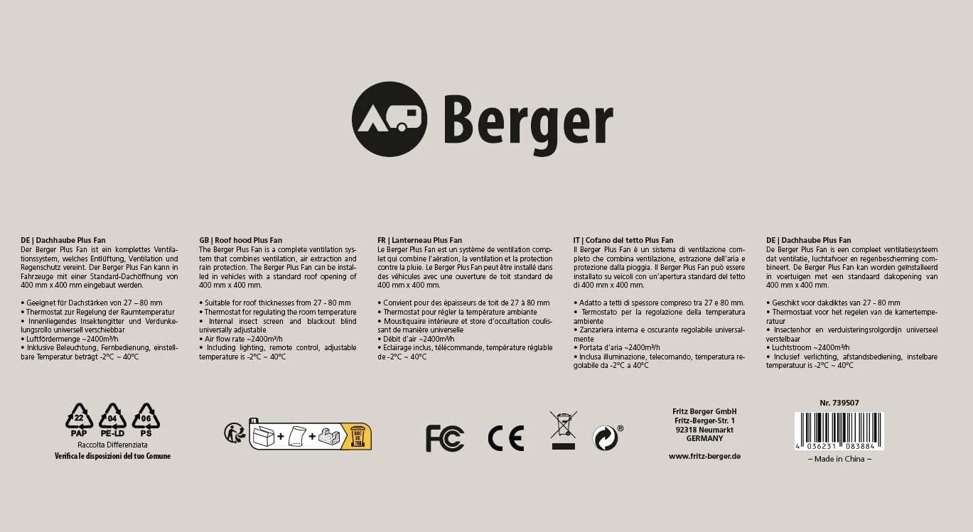 BERGER Oblò Camper 40x40 Ventola 4 Velocità Telecomando Lucernario Zanzariera Oscurante Motore 12V Nero