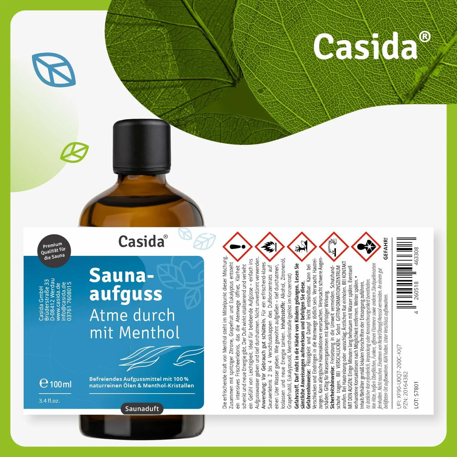 Casida Infusione per sauna mentolo oli essenziali naturali limone pompelmo eucalipto 100 ml