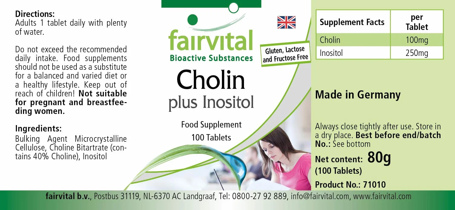 Fairvital Colina bitartrato più inositolo, 100 compresse, alto dosaggio, vegano