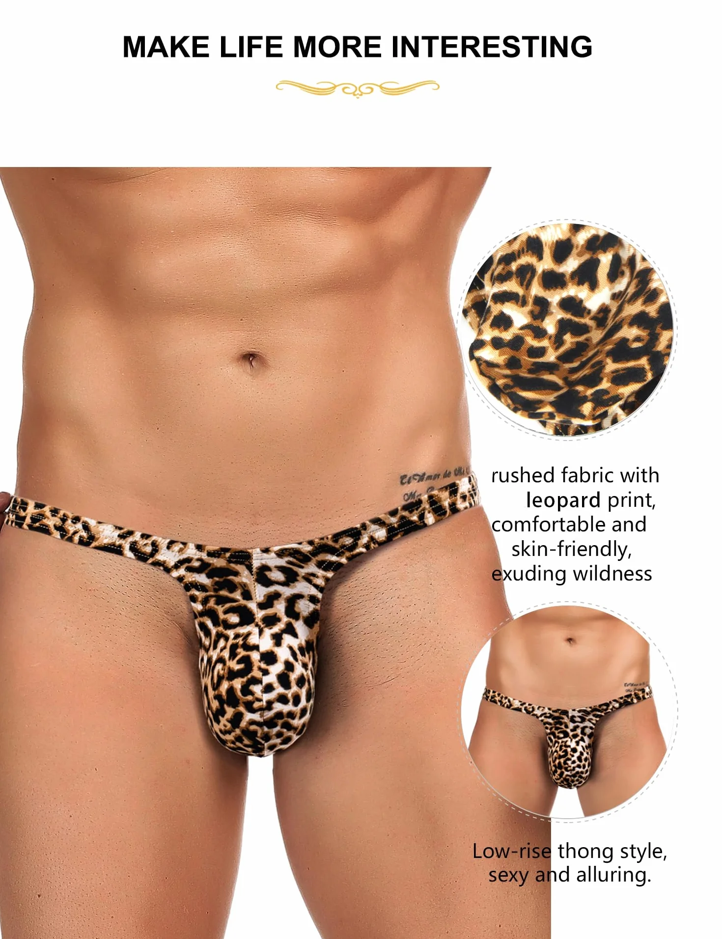 ohyeahlady Tanga Uomo Vita Bassa Perizoma Leopardato Slip Cotone Leggero Taglie Forti Costume da Bagno Jockstrap Thong G String Mutande Mini Slip Mankini Biancheria Intima