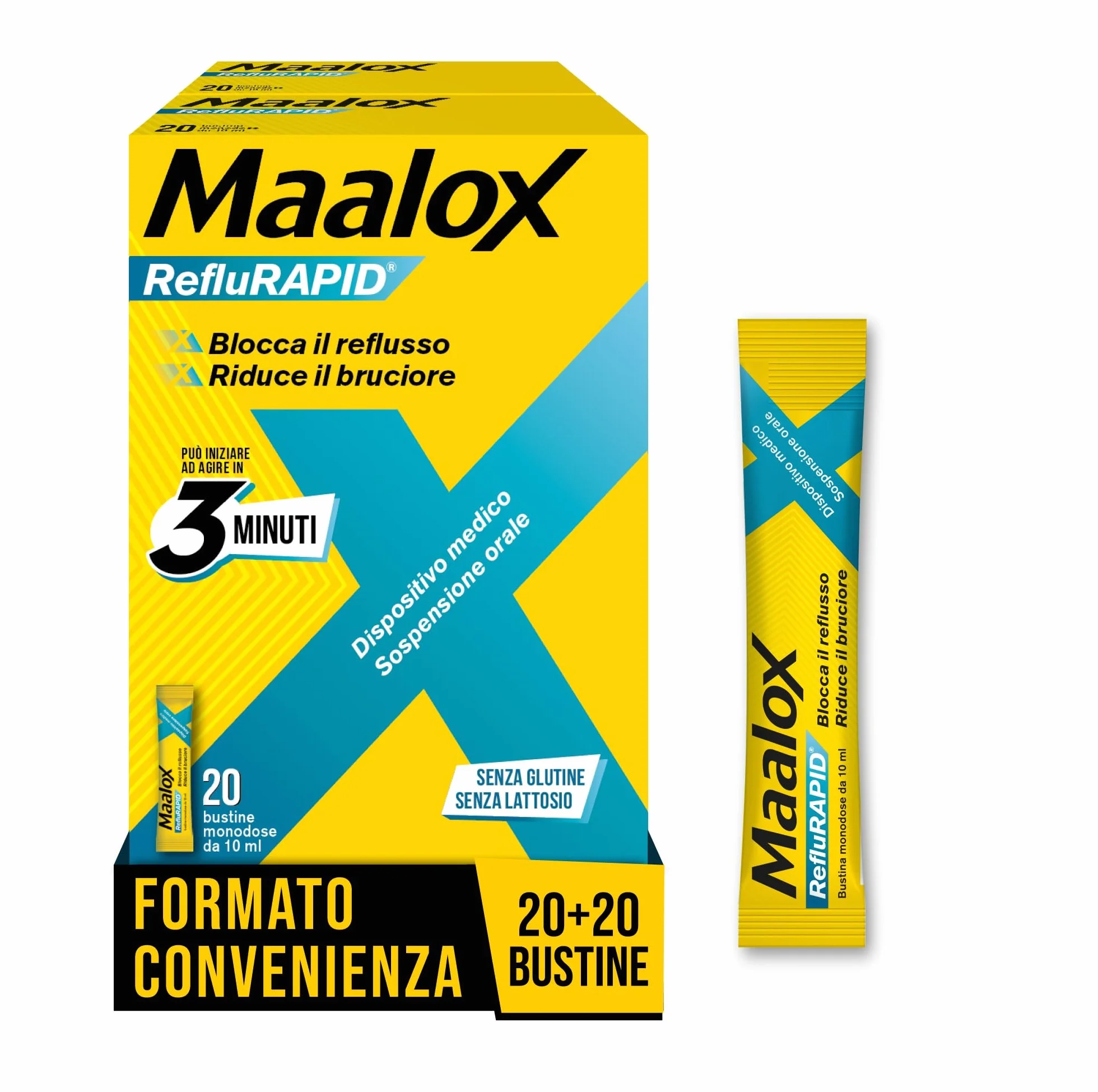 Maalox Reflurapid 40 Bustine Gusto Menta Blocca Reflusso Gastroesofageo Riduce Bruciore Acidità Stomaco Bicarbonato di Sodio Senza Glutine Lattosio
