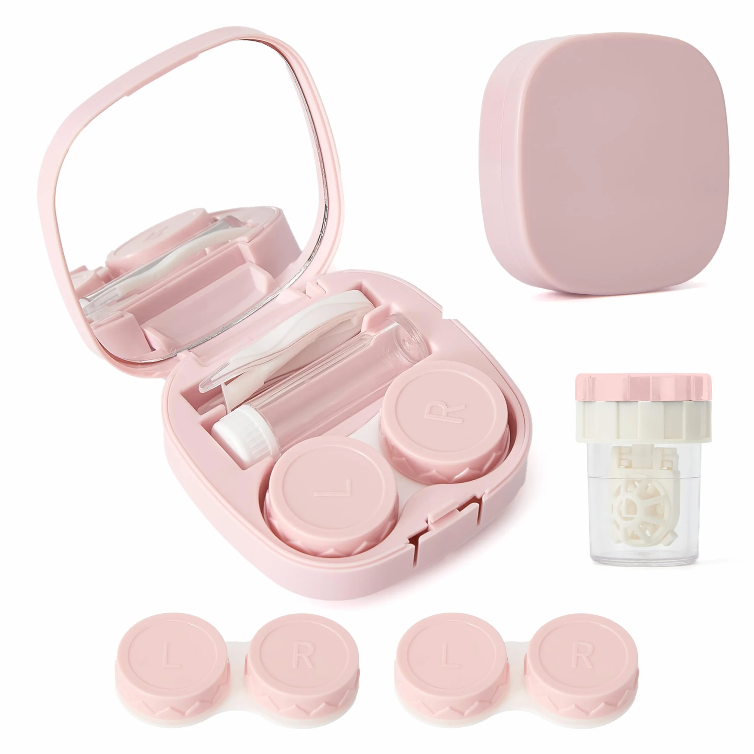 Kit da viaggio per lenti a contatto con pulitore, custodia portatile con specchio, pinzetta, strumento di rimozione, flacone per soluzione