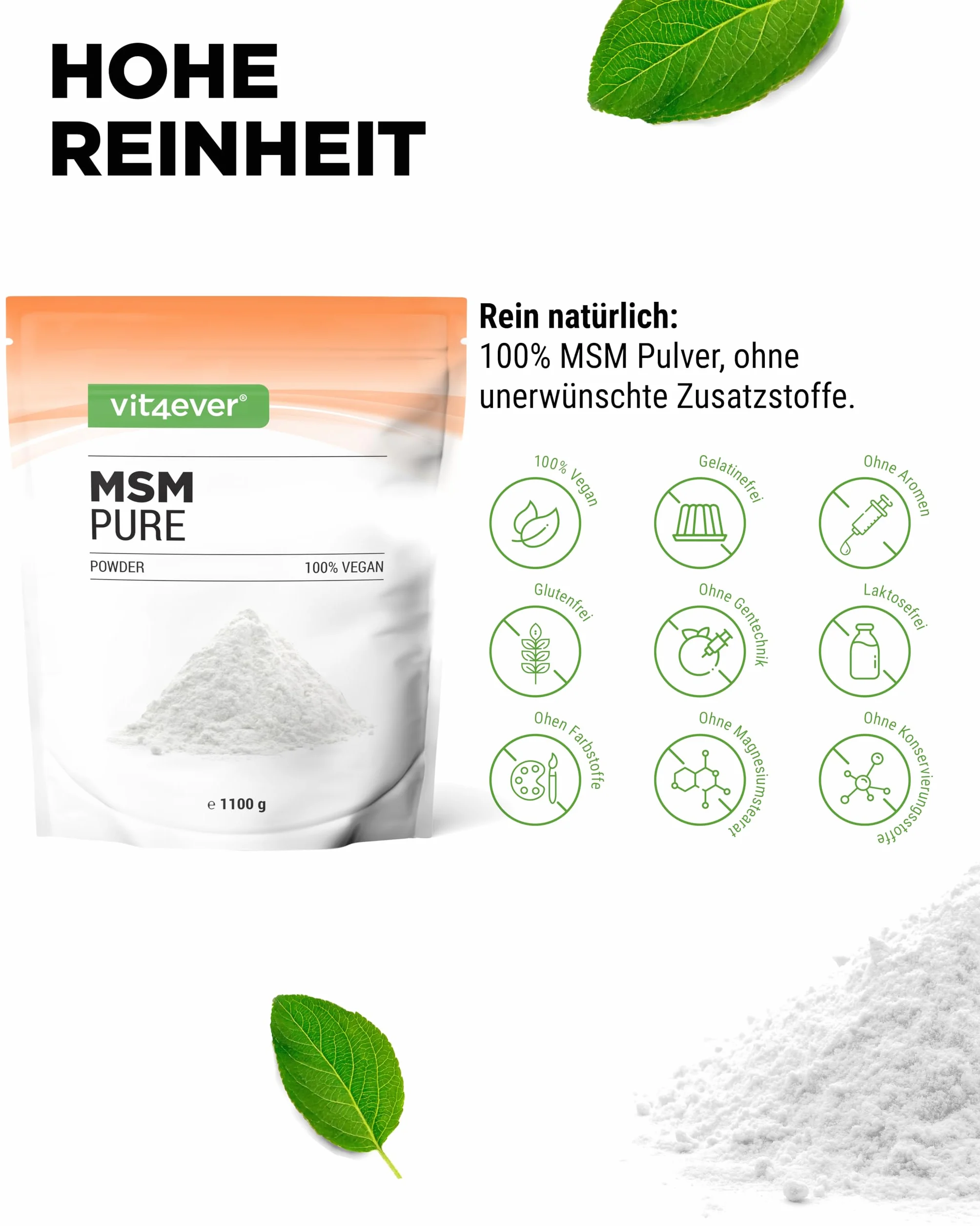 MSM in polvere 1,1 kg (1100g) Metilsulfonilmetano cristallino puro al 99,9% Zolfo organico Vegano