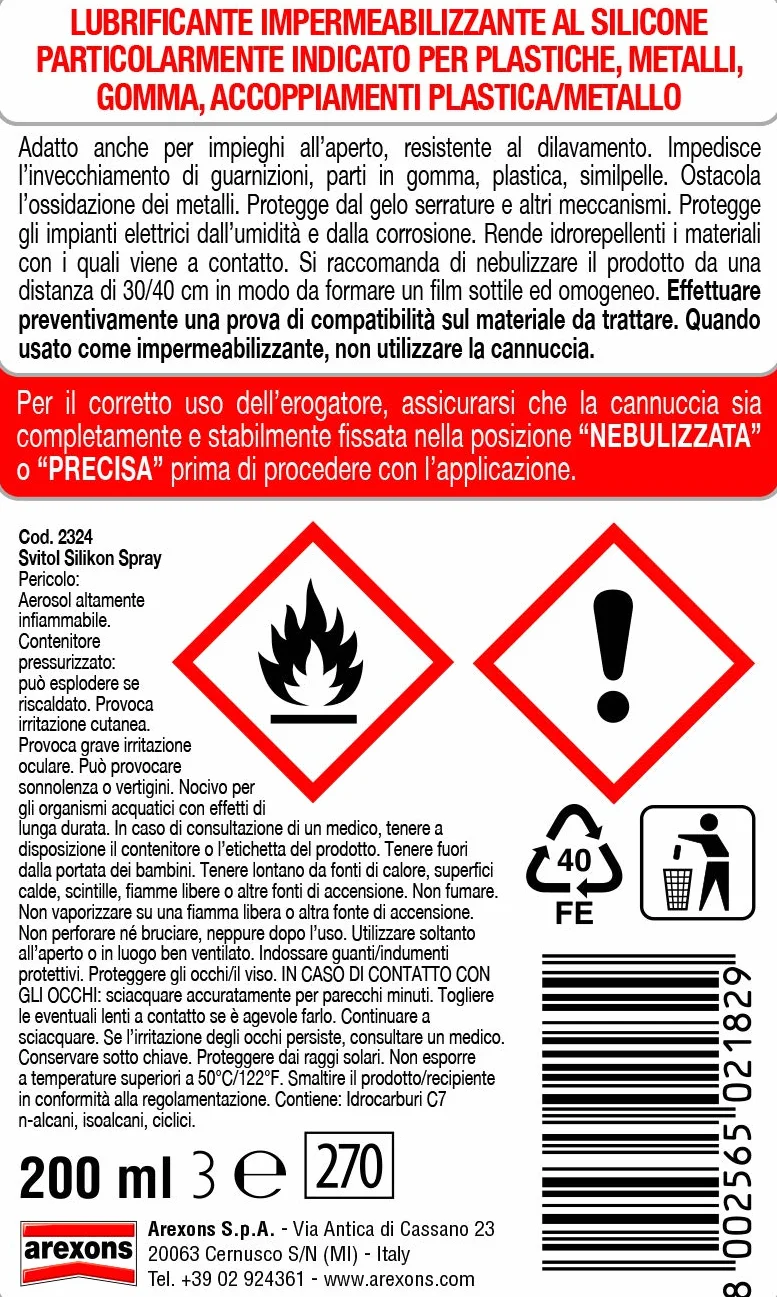 Svitol Lubrificante Spray 200 ml al silicone, per plastiche, impermeabilizza, resiste alle temperature, rinnova guarnizioni, cannuccia integrata, valvola 360°
