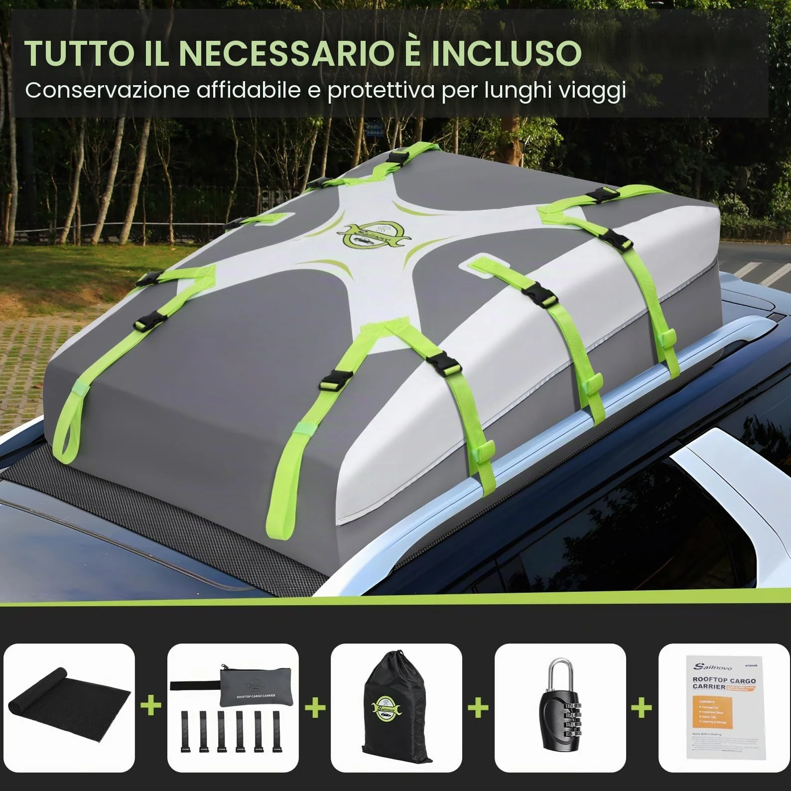 Sailnovo Box da Tetto per Auto Pieghevole 20 piedi cubi Portapacchi Impermeabile Adatto Per Auto Senza Portapacchi con tappetino antiscivolo (Grigio-Verde)