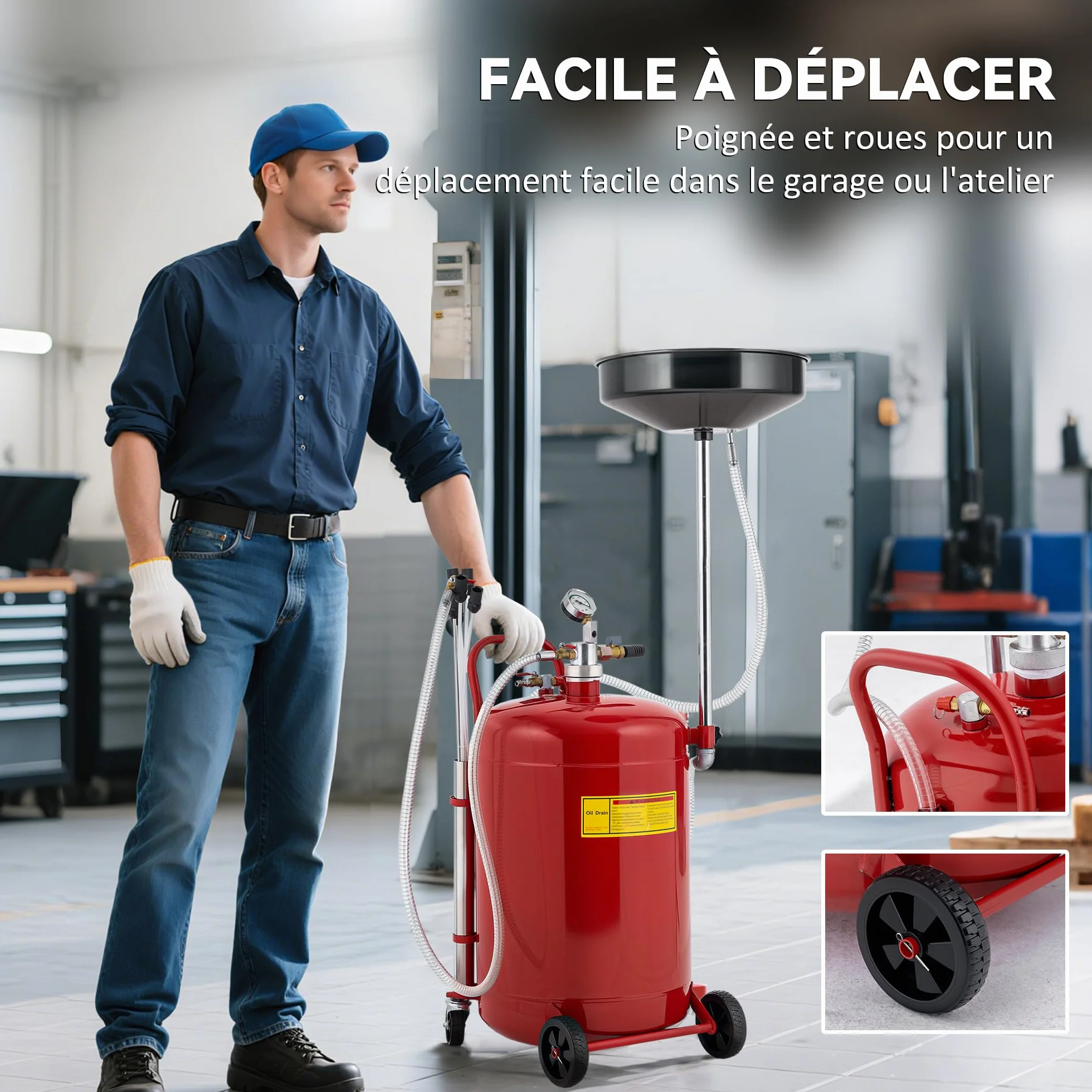 HOMCOM Carrello per svuotamento e recupero di olio usato 80 L, Altezza regolabile 101-141 cm, Carrello portaolio portatile con ruote e maniglia, Rosso