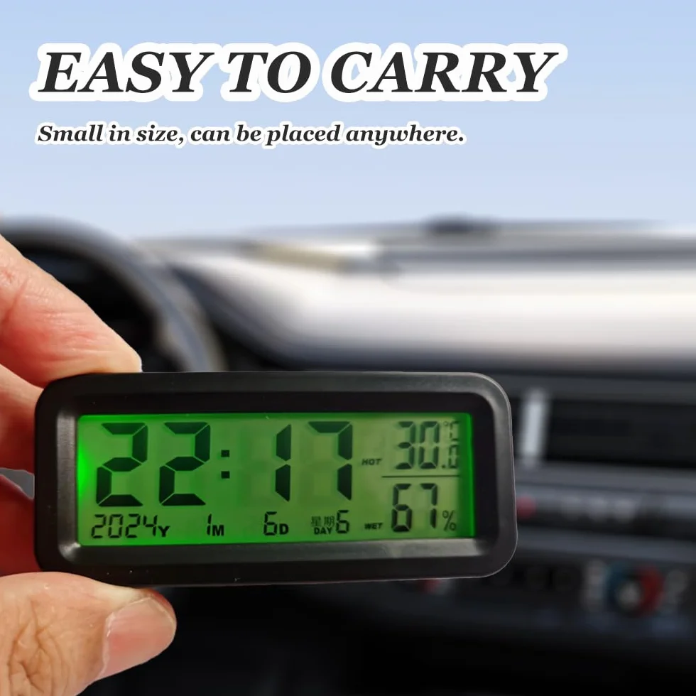 Mini Orologio Digitale da Auto Solare Cruscotto 8x3x3.5 cm Display LCD Temperatura