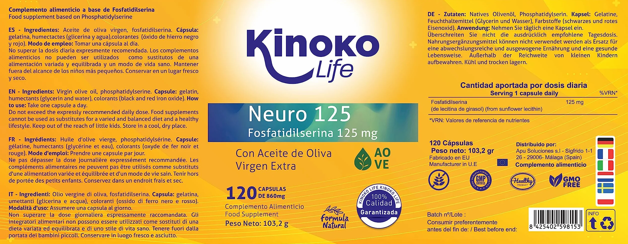NEURO 125 Fosfatidilserina 125 mg 120 capsule softgel con olio d'Oliva Vergine Alta concentrazione No OGM