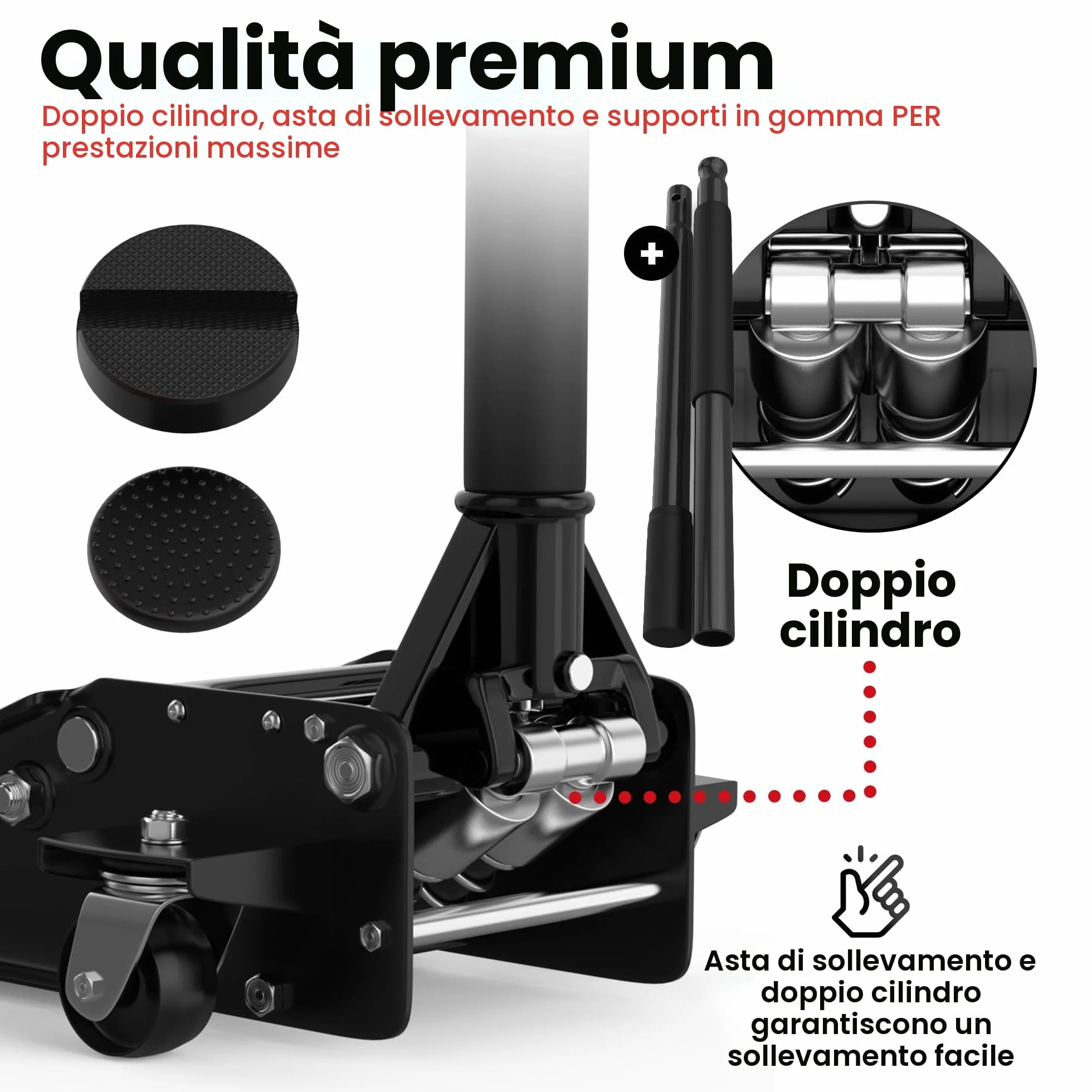 Cric Idraulico 3T 75 505 mm Professionale Auto SUV Sollevatore Pesante Ruote 360° Nero
