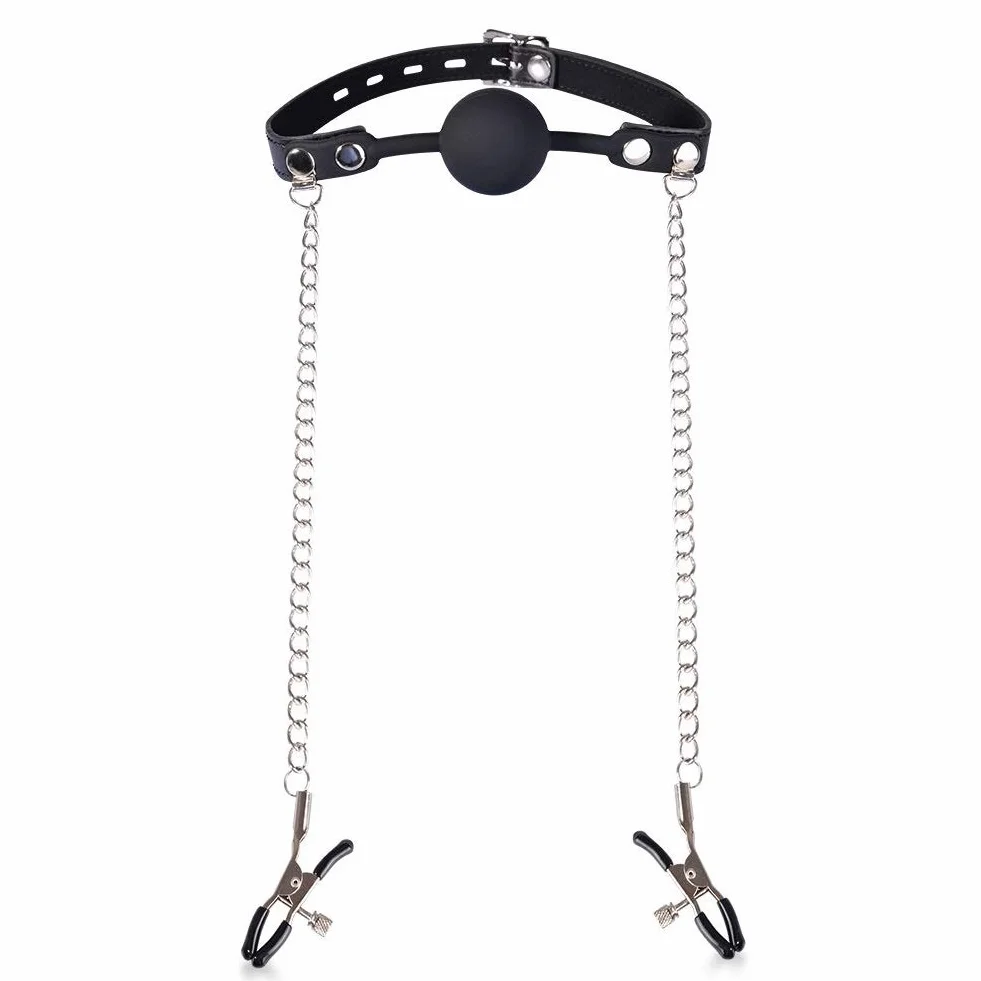 BONDAGERIE® Gàgbàll ball in silicone medico con pinze capèzzoli, intensità regolabile