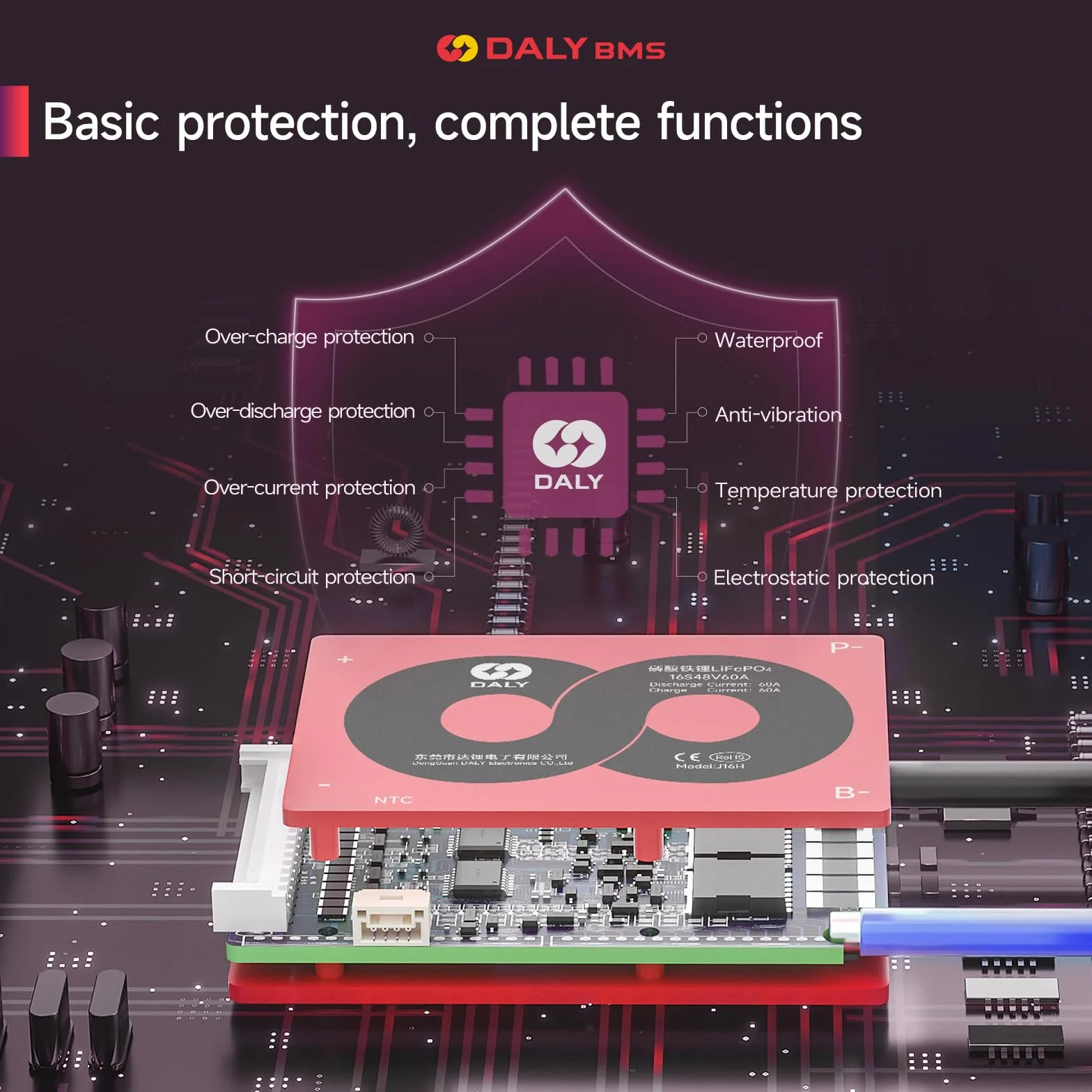 DALY 3S-24S BMS da 15A a 200A Scheda di protezione con filo di bilanciamento e sensore di temperatura per pacco batteria al litio (Li-ion 16S 60V, 60A)