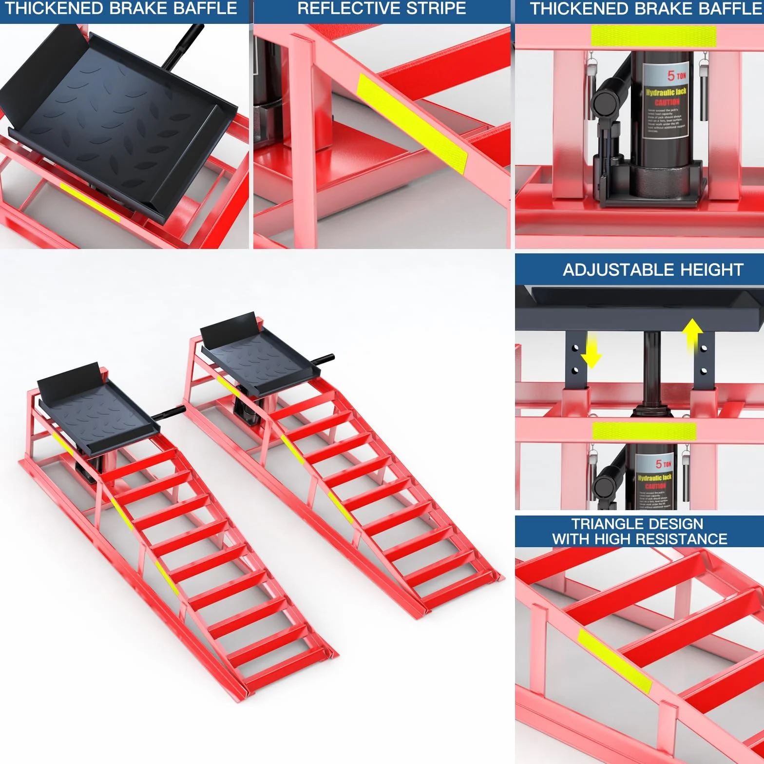 LARBANKE 2 Pezzi Rampe di Carico Idrauliche da 5 Ton, Rampe per Auto con Strisce Riflettenti, altezza regolabile da 24,9 a 38,1 cm, Ponte Sollevatore per Cambio Olio e Garage
