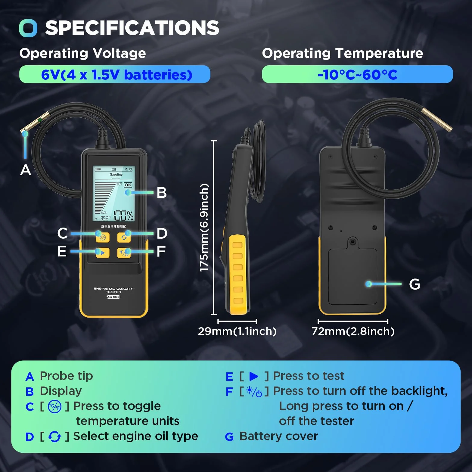 AS503 Kit tester olio motore, kit di test di qualità per olio motore benzina e diesel, rilevatore di trasmissione e temperatura con sonda flessibile da 31,5 pollici, display retroilluminato da 2,8