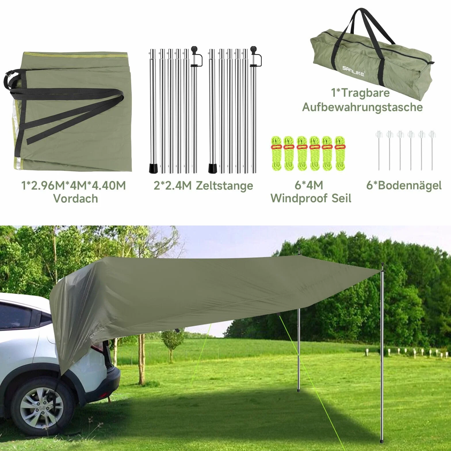 Tenda da Sole per Auto Impermeabile Antistrappo con Palo Regolabile per Camper Veranda