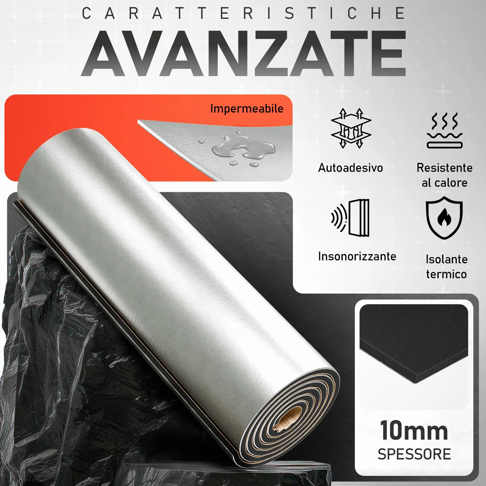 Pack 2 Isolante Termico Adesivo 250 x 50 cm – Spessore 10 mm | Insonorizzazione Auto | Perfetto per Auto, Furgoni e Camper | Temperatura Massima 110 °C / Minima -50 °C