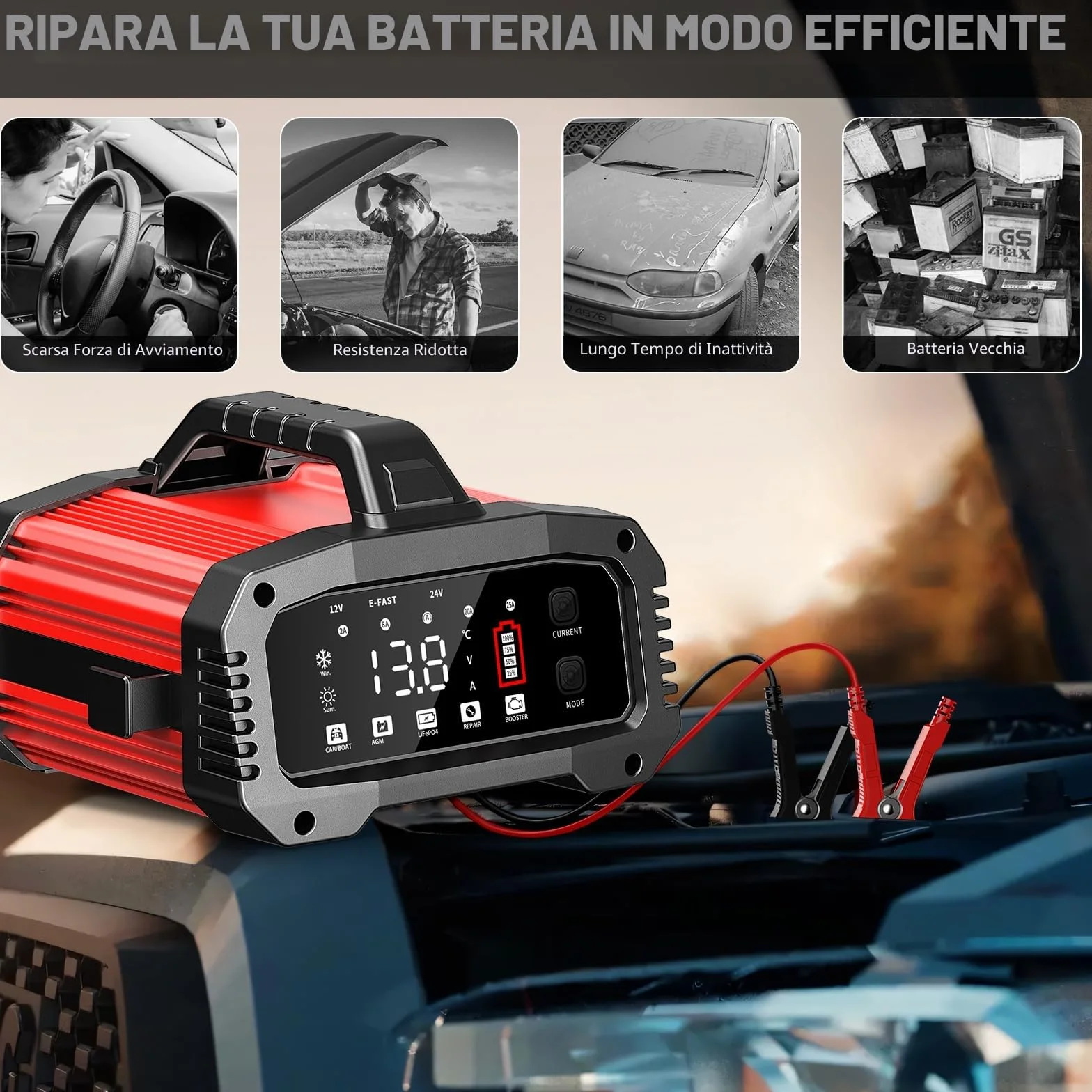 Caricabatteria da Auto 12V 25A 24V 15A LiFePO4 BOOSTER LED Intelligente AGM Gel SLA