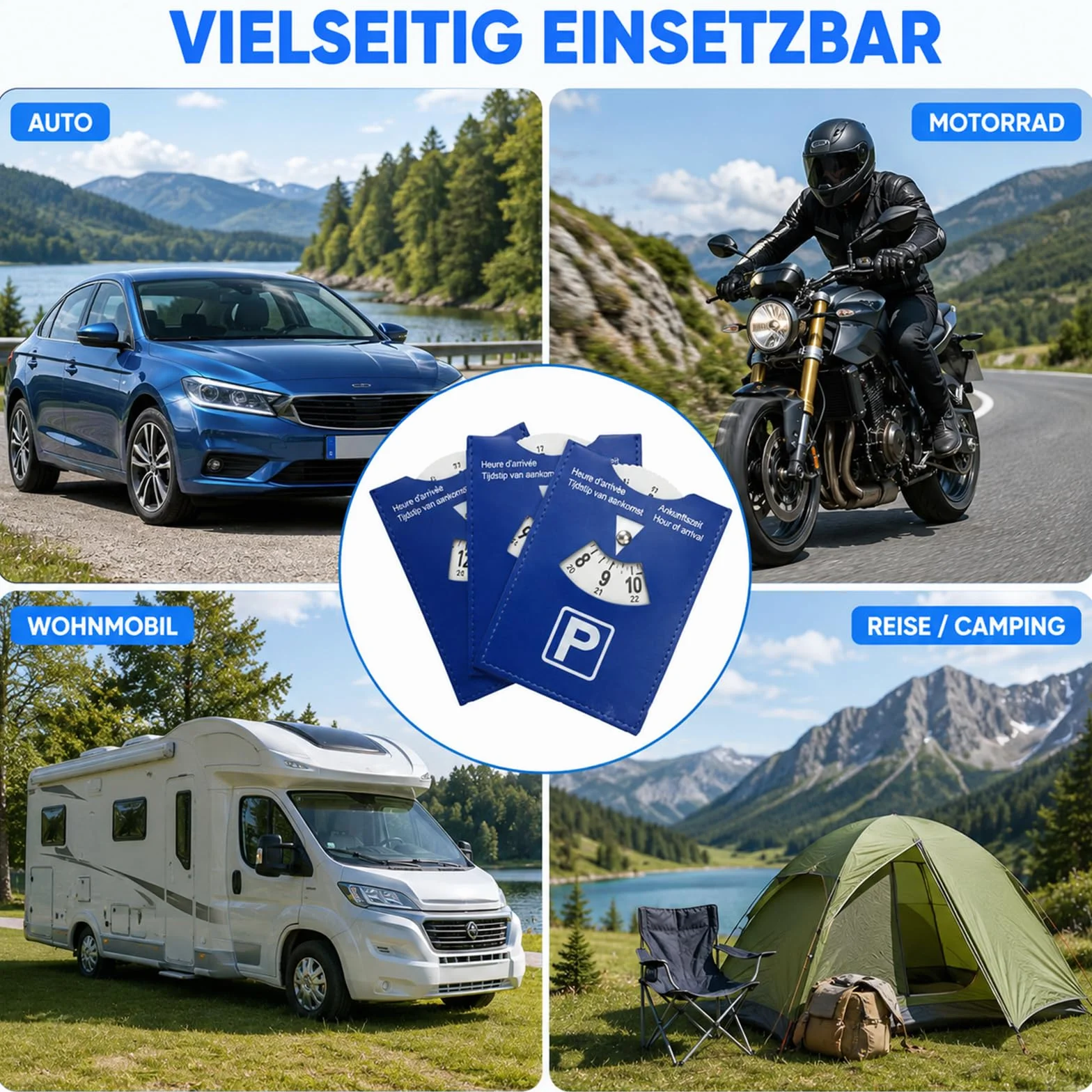 Parchimetro Disco Orario Europeo in Pelle Sintetica Blu, Soft-Touch, Moto e Camper, 11x15 cm
