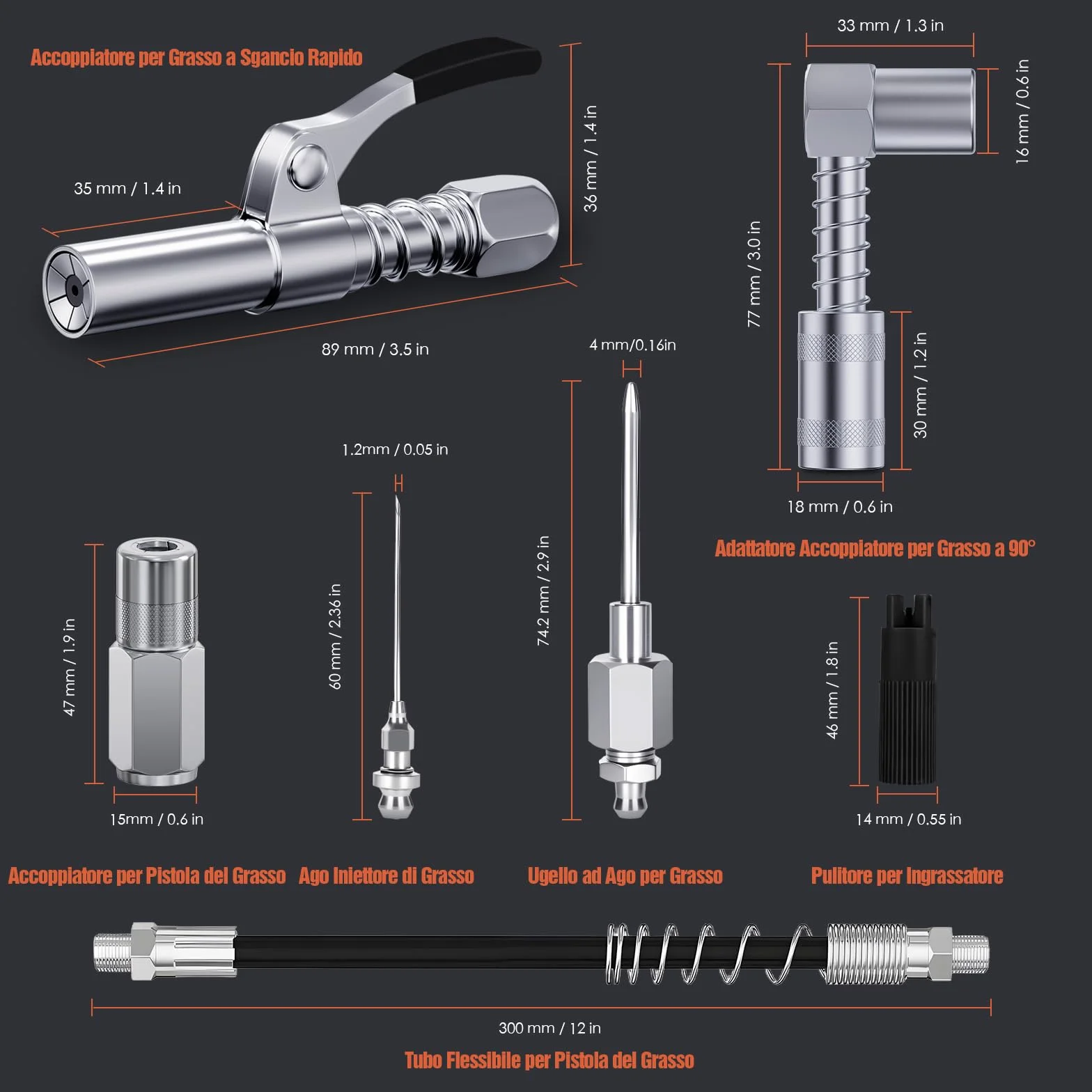 TRILINK Kit Testina Ingrassatore Professionale 8PCS Accessori con Accoppiatore Rapido, Adattatore 90°, Tubo Flessibile 30 cm