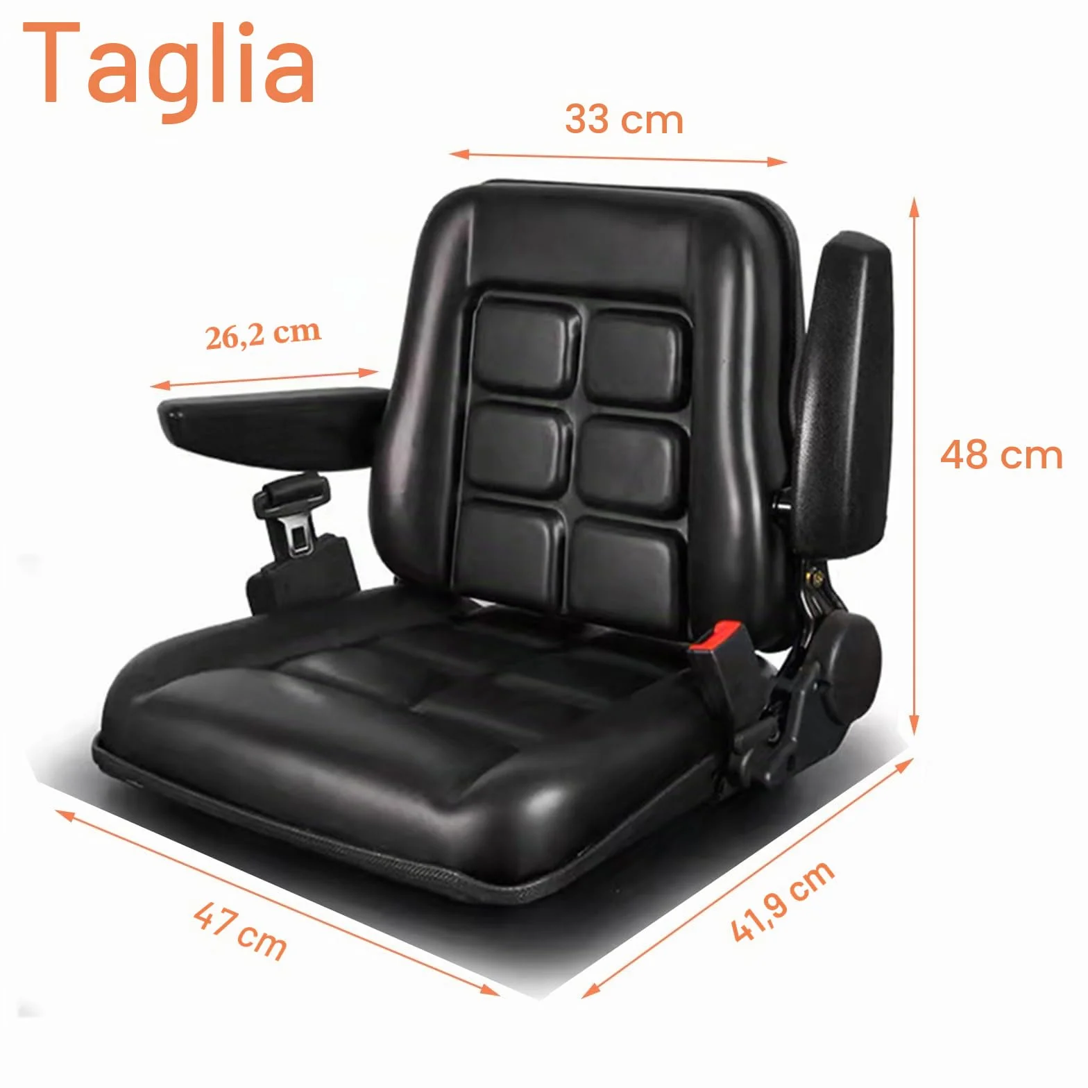 Sedile per carrello elevatore universale regolabile con cintura di sicurezza e bracciolo, schienale regolabile e guida scorrevole in PVC impermeabile, sedile per tosaerba per trattore, ruspa, carrello