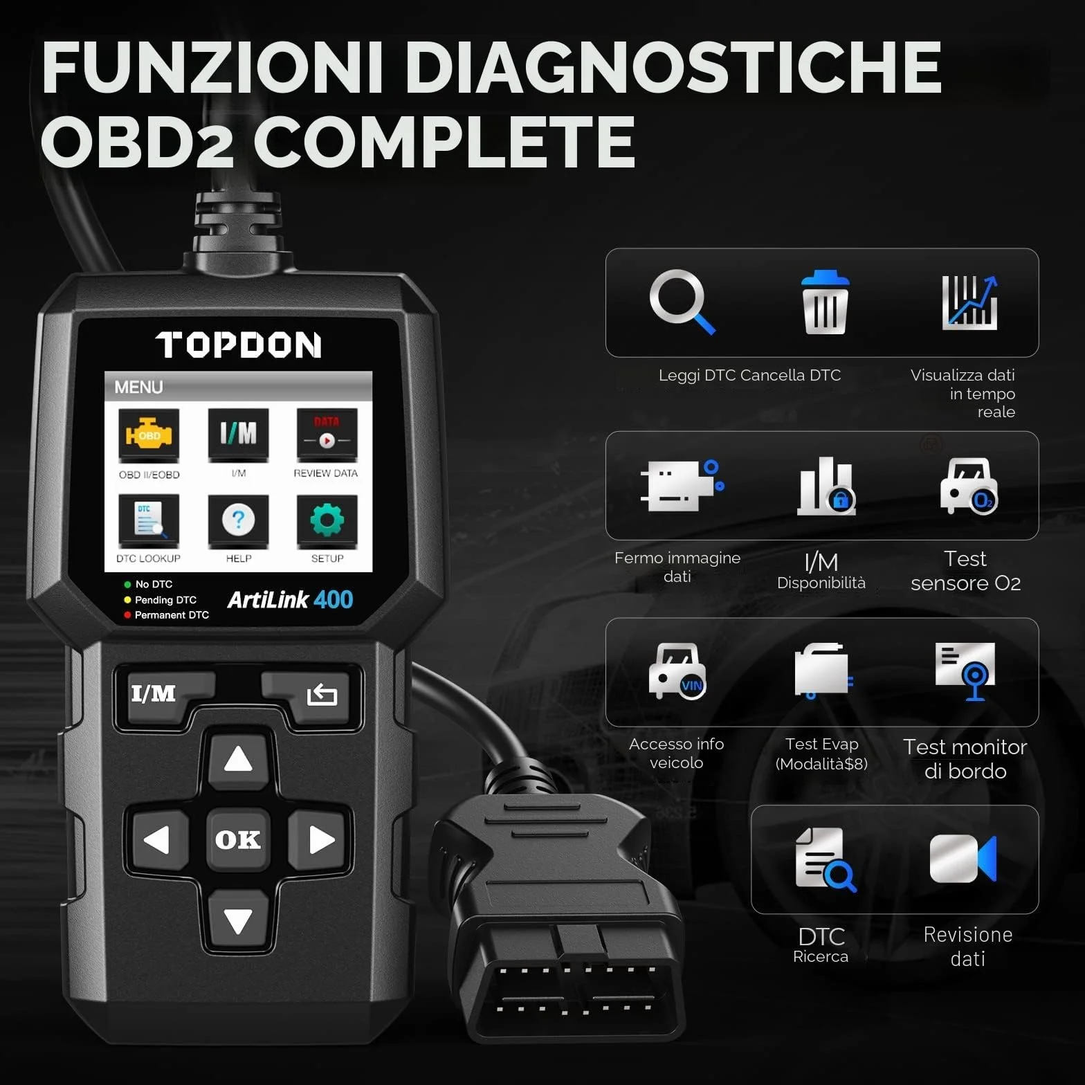 TOPDON AL400 Lettore OBD2 10 Funzioni Test Emissioni Sensore O2 EVAP
