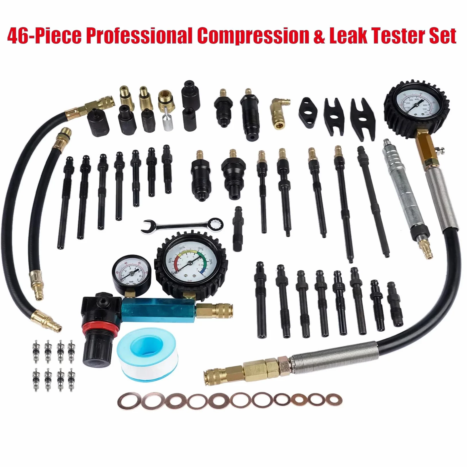 46 Pezzi Tester di Compressione Professionale, Tester di Perdita di Pressione per Motori Diesel e Benzina (blue)