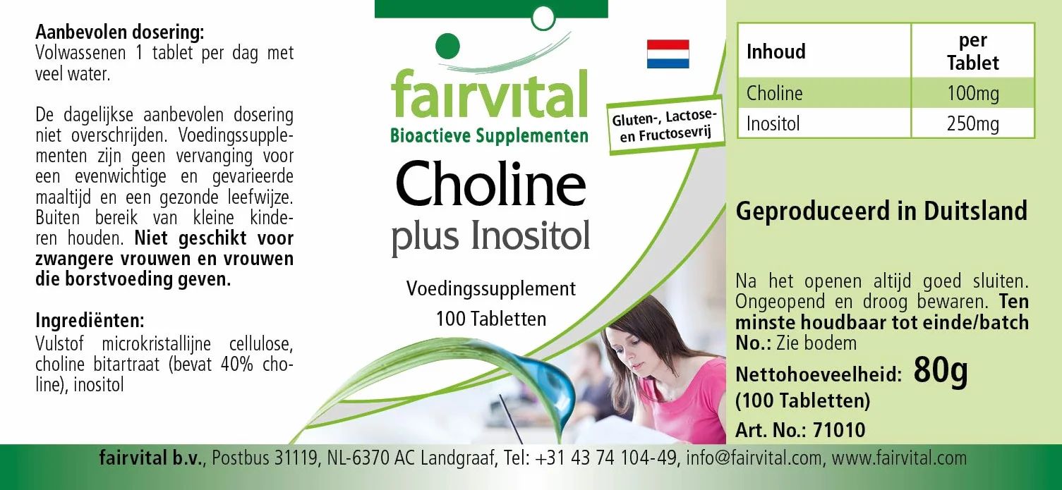 Fairvital Colina bitartrato più inositolo, 100 compresse, alto dosaggio, vegano