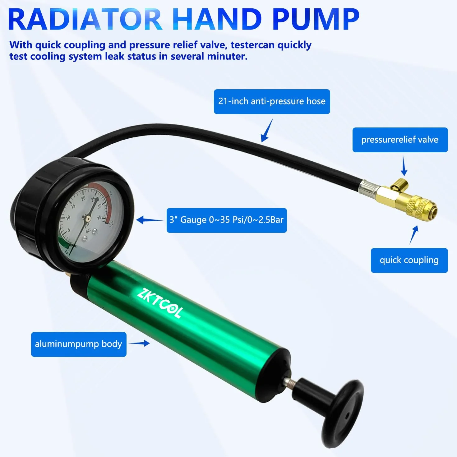 ZKTOOL Kit di prova della pressione del serbatoio del radiatore del motore, set di prova delle perdite del serbatoio dell'acqua, rilevatore di perdite di liquido refrigerante, strumento di riempimento